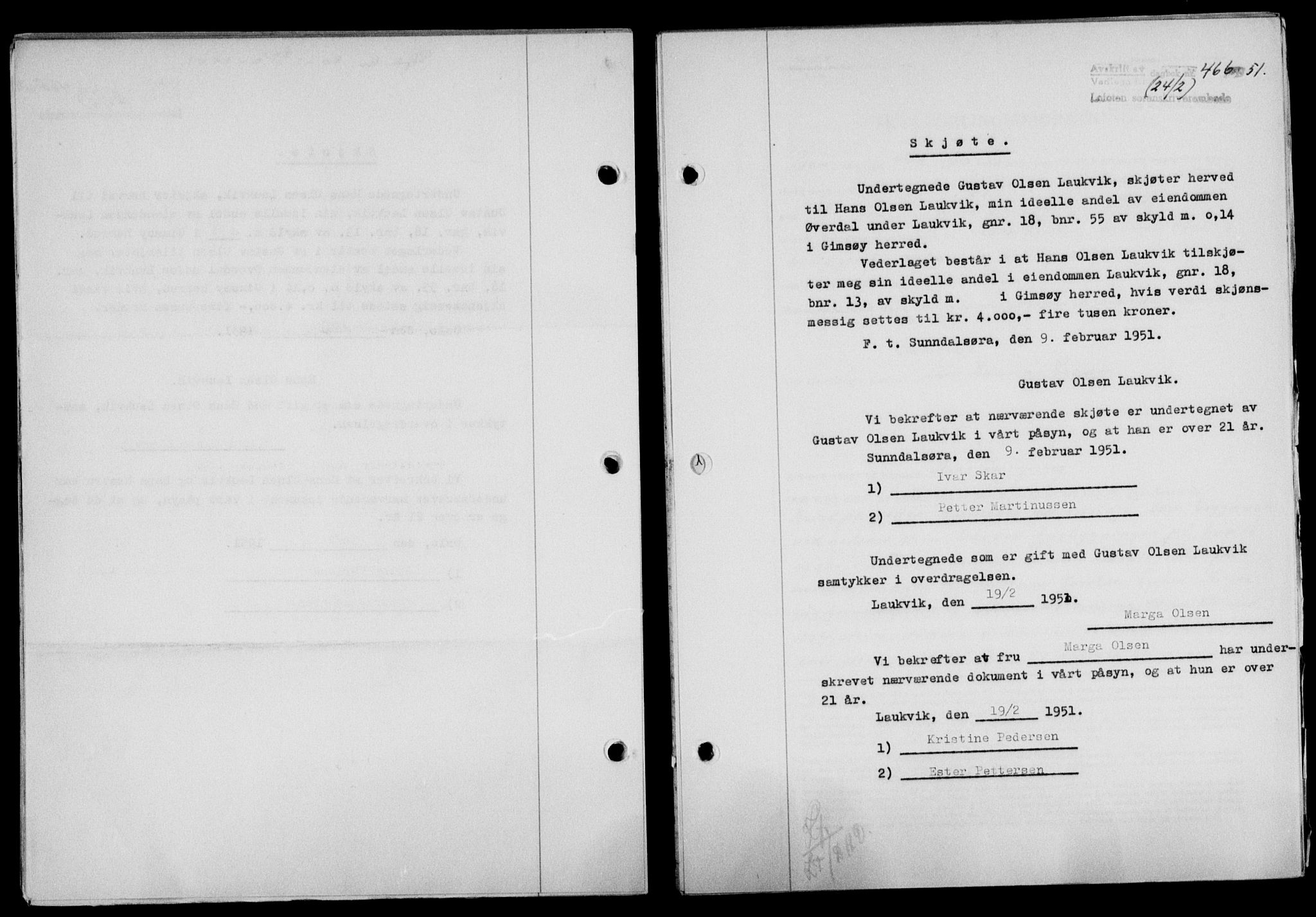 Lofoten sorenskriveri, SAT/A-0017/1/2/2C/L0025a: Mortgage book no. 25a, 1950-1951, Diary no: : 466/1951
