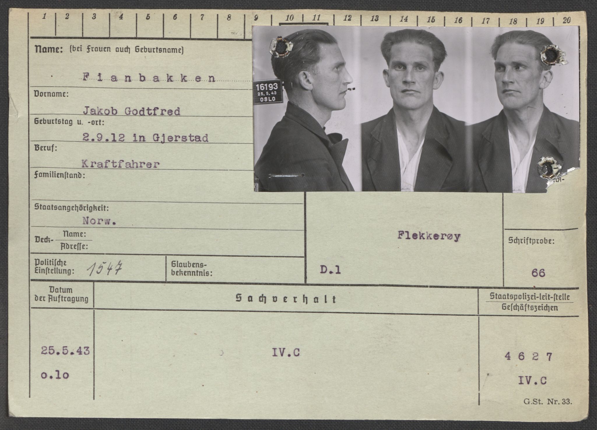 Befehlshaber der Sicherheitspolizei und des SD, RA/RAFA-5969/E/Ea/Eaa/L0003: Register over norske fanger i Møllergata 19: Eng-Hag, 1940-1945, p. 288