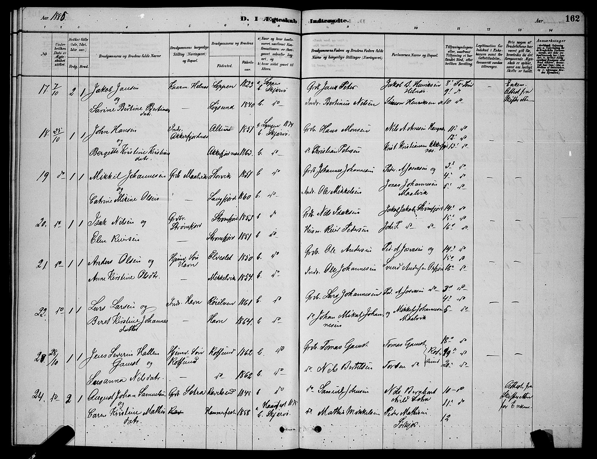 Skjervøy sokneprestkontor, AV/SATØ-S-1300/H/Ha/Hab/L0006klokker: Parish register (copy) no. 6, 1878-1888, p. 162