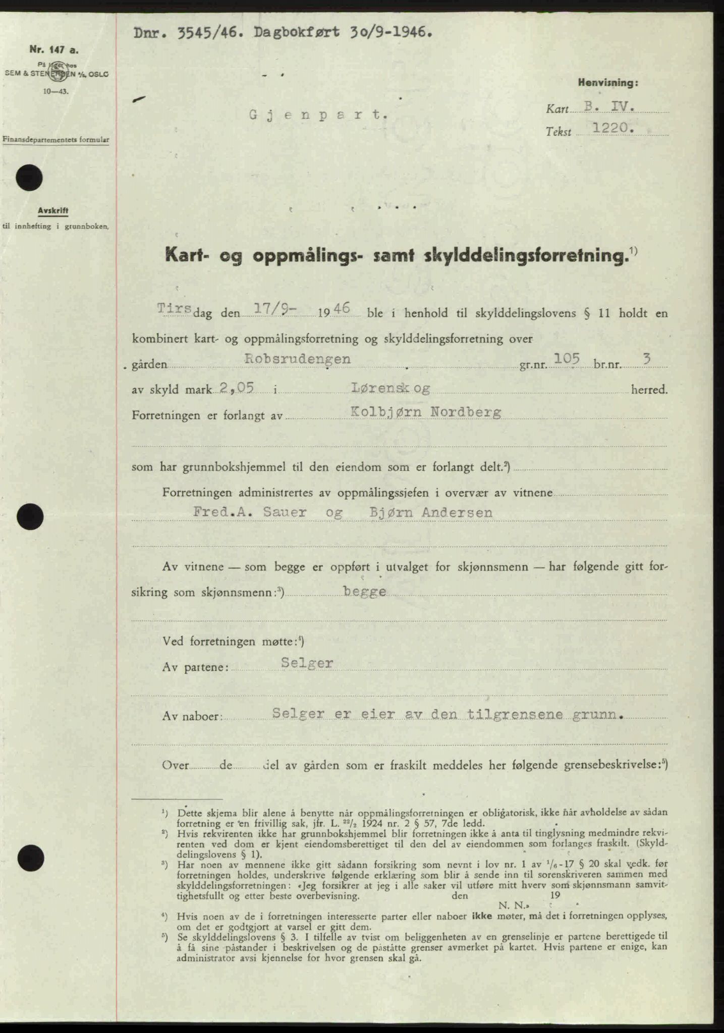 Nedre Romerike sorenskriveri, AV/SAO-A-10469/G/Gb/Gbd/L0017: Mortgage book no. 17, 1946-1946, Diary no: : 3545/1946