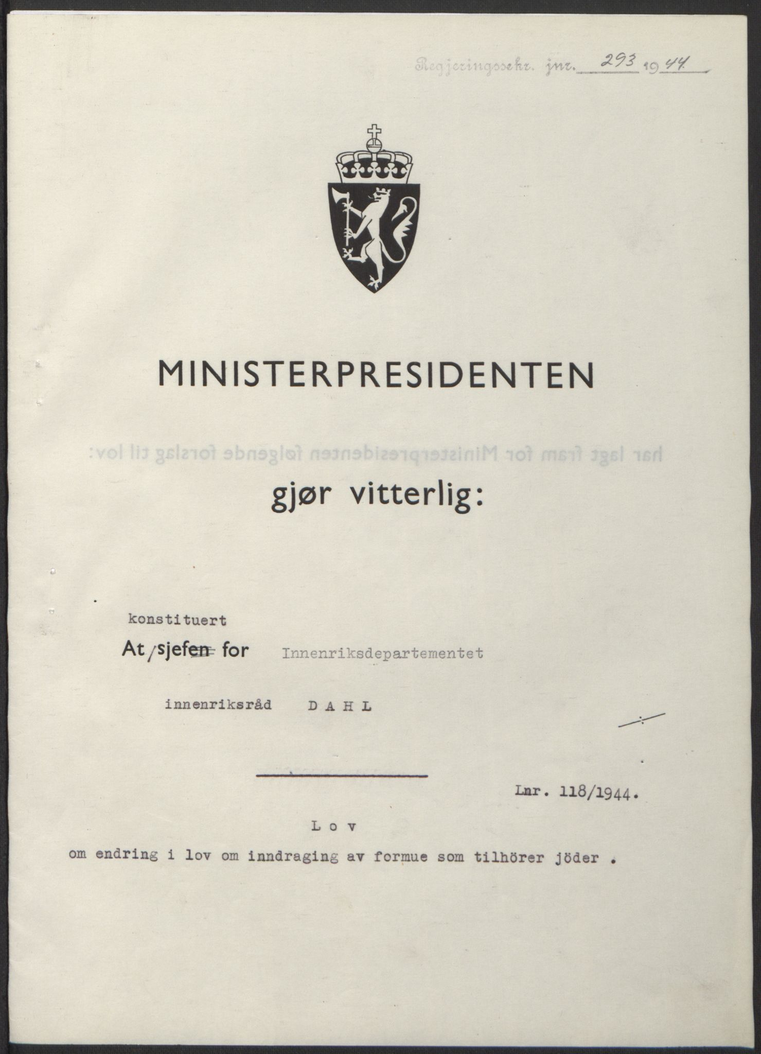 NS-administrasjonen 1940-1945 (Statsrådsekretariatet, de kommisariske statsråder mm), RA/S-4279/D/Db/L0100: Lover, 1944, p. 562
