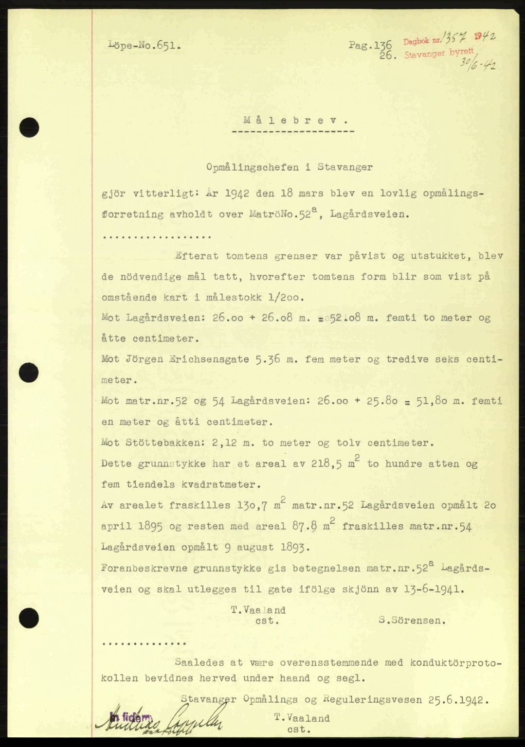 Stavanger byrett, SAST/A-100455/002/G/Gb/L0017: Mortgage book no. A7, 1941-1943, Diary no: : 1357/1942