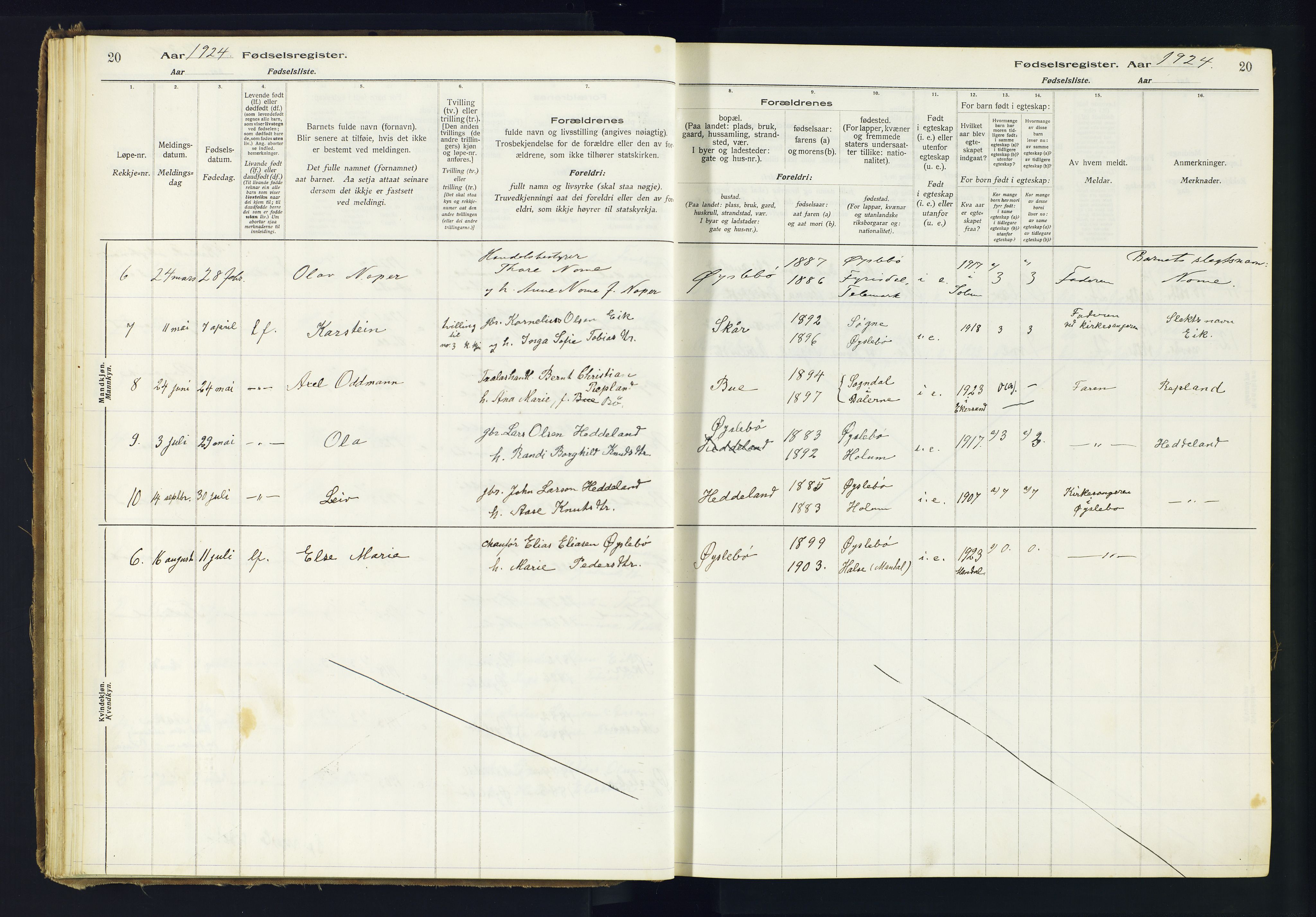 Holum sokneprestkontor, SAK/1111-0022/J/Ja/L0002: Birth register no. II.6.11, 1916-1982, p. 20