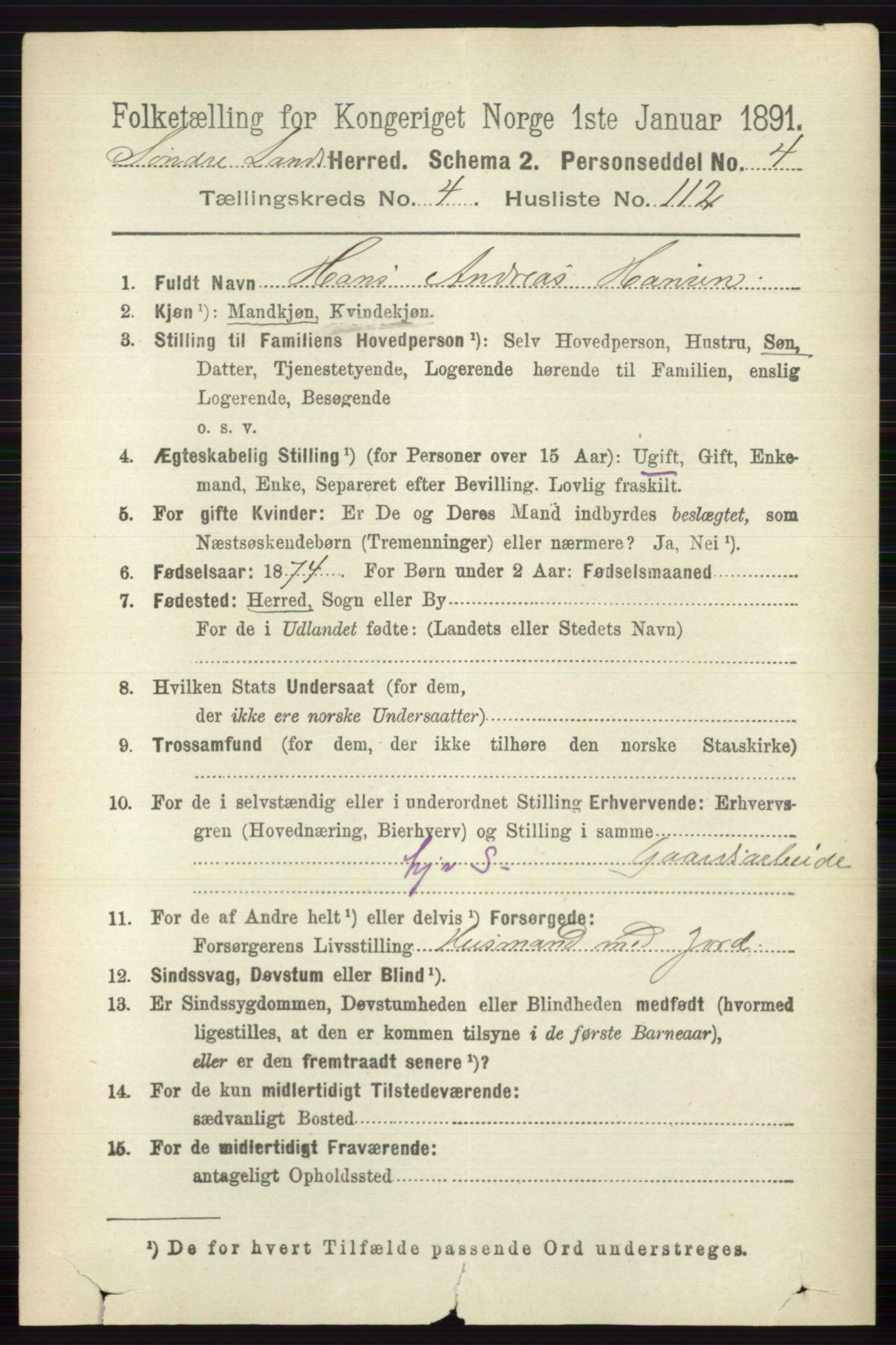 RA, 1891 census for 0536 Søndre Land, 1891, p. 4654