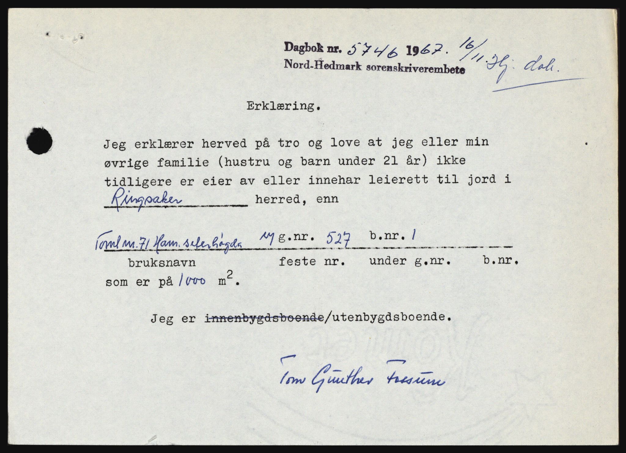 Nord-Hedmark sorenskriveri, SAH/TING-012/H/Hc/L0027: Mortgage book no. 27, 1967-1968, Diary no: : 5746/1967