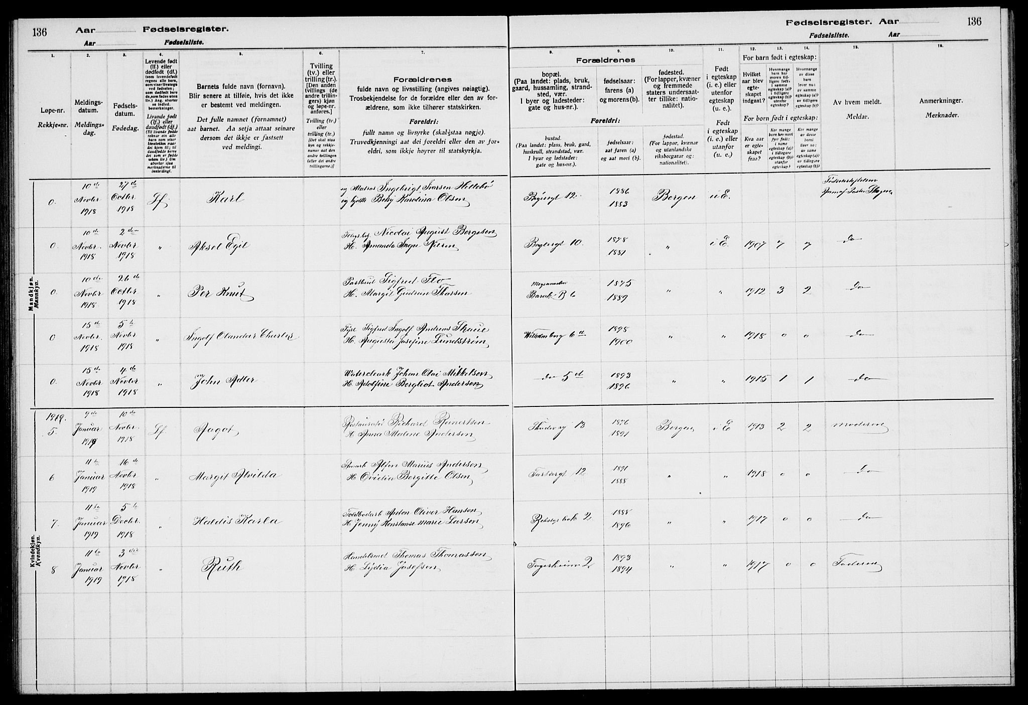 Sandviken Sokneprestembete, AV/SAB-A-77601/I/Ib/L00A1: Birth register no. A 1, 1915-1920, p. 136