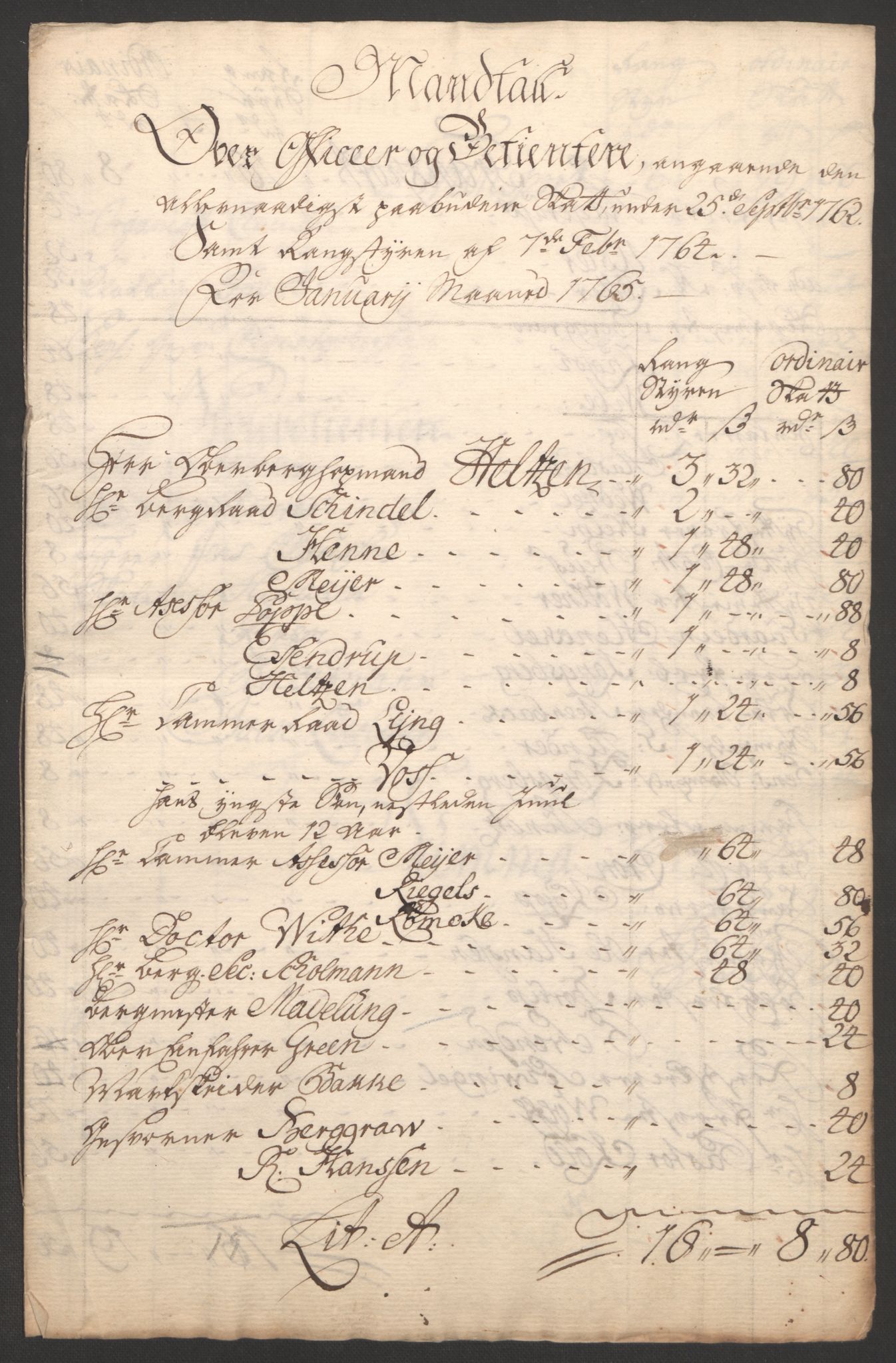 Rentekammeret inntil 1814, Reviderte regnskaper, Bergverksregnskaper, RA/EA-3222/R/Rc/Rca/L0843: Ekstraskatt, 1762-1765, p. 860