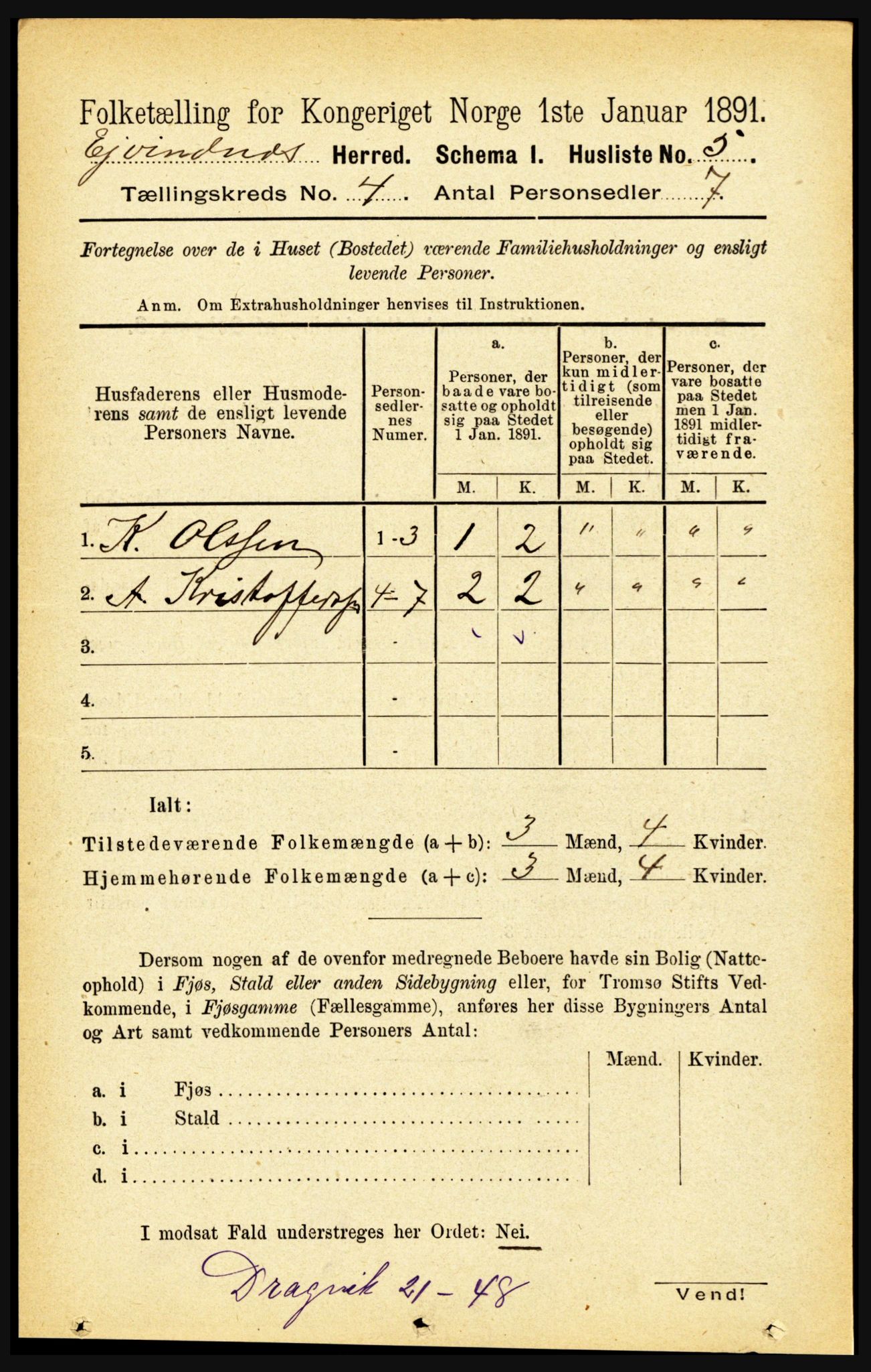 RA, 1891 census for 1853 Evenes, 1891, p. 1180