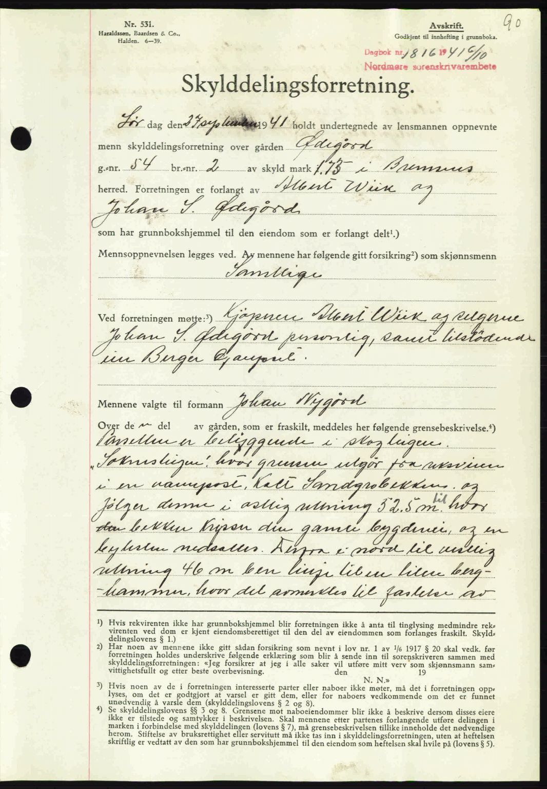 Nordmøre sorenskriveri, AV/SAT-A-4132/1/2/2Ca: Mortgage book no. A91, 1941-1942, Diary no: : 1816/1941