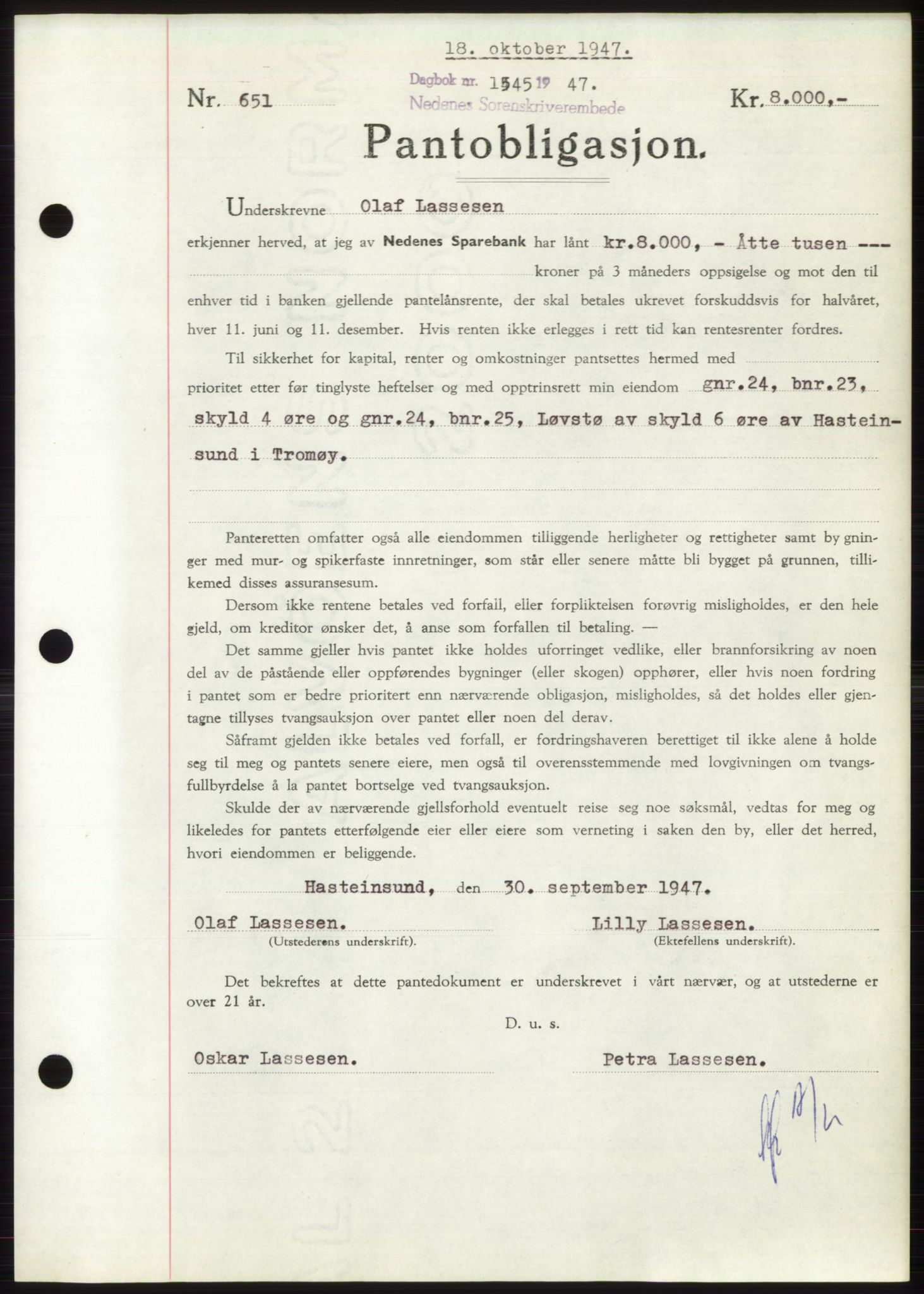 Nedenes sorenskriveri, AV/SAK-1221-0006/G/Gb/Gbb/L0004: Mortgage book no. B4, 1947-1947, Diary no: : 1545/1947