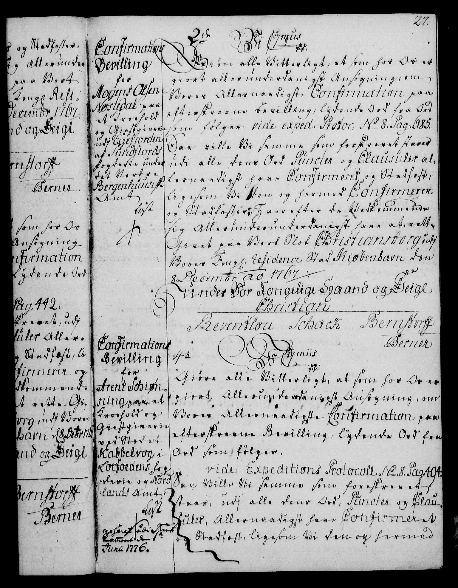 Rentekammeret, Kammerkanselliet, RA/EA-3111/G/Gg/Ggc/Ggca/L0002: Norsk konfirmasjonsekspedisjonsprotokoll med register (merket RK 53.24), 1766-1772, p. 27
