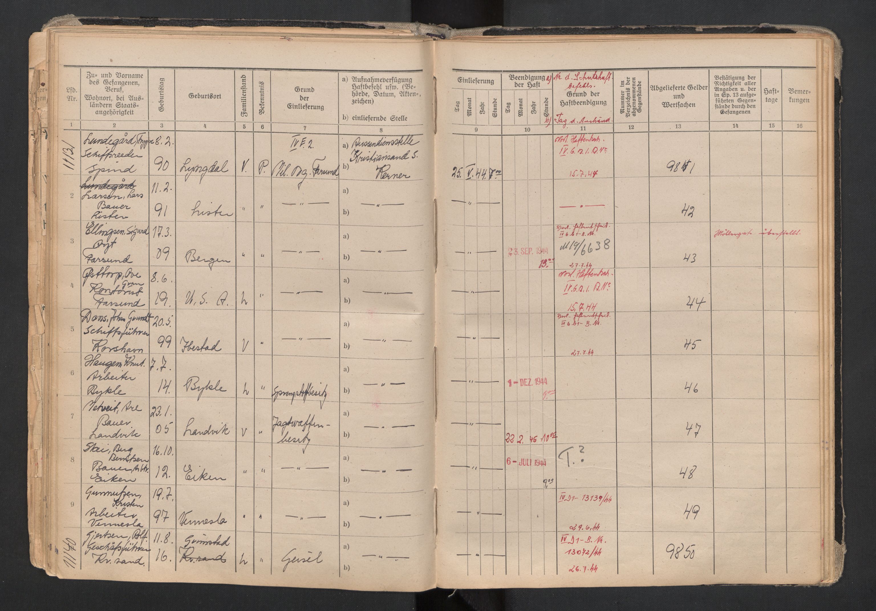 Befehlshaber der Sicherheitspolizei und des SD, RA/RAFA-5969/F/Fa/Faa/L0006: Fangeprotokoll. - Gefangenen-Buch B. Fangenr. 10111-11420, 1944