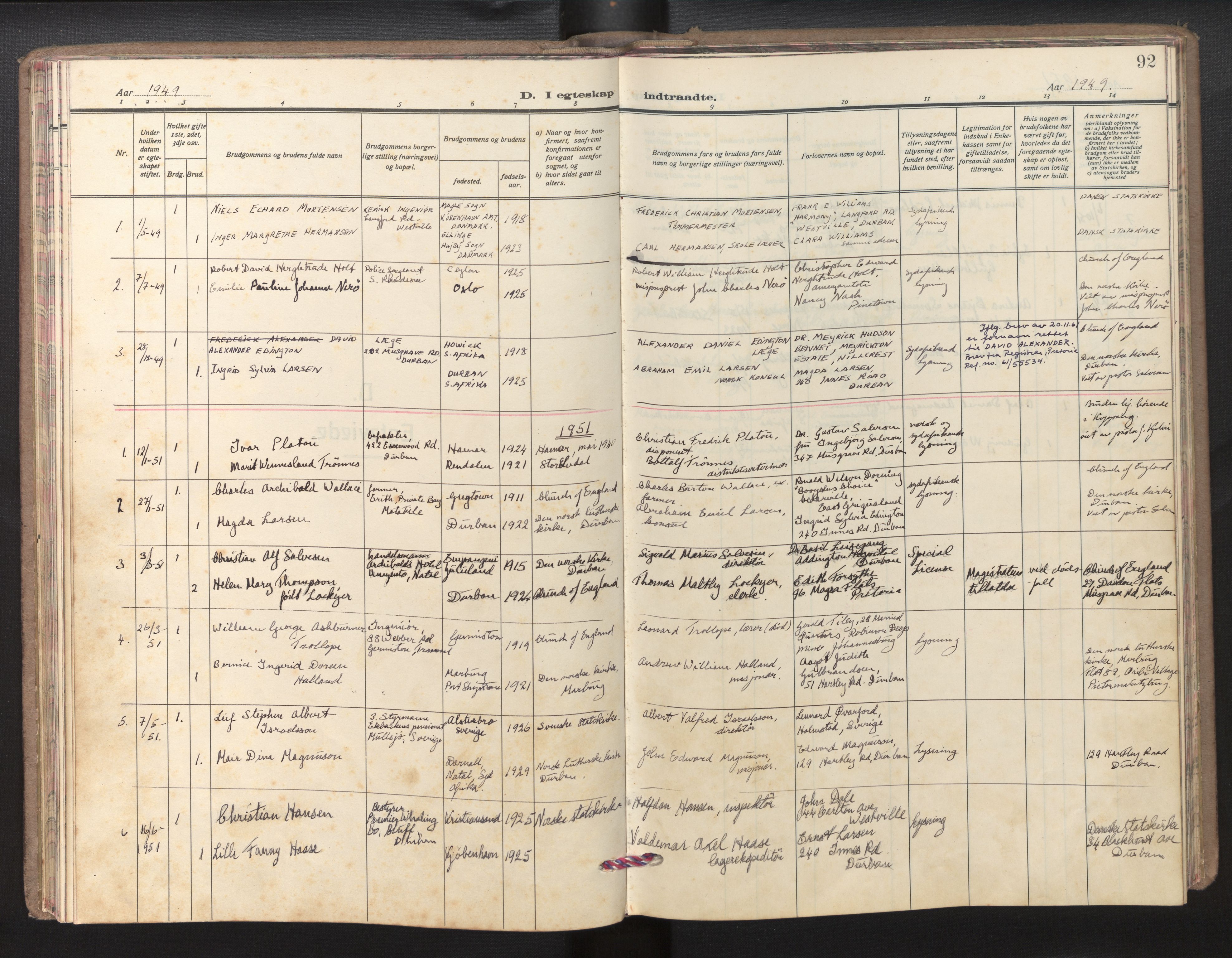 Den norske sjømannsmisjon i utlandet/Syd-Afrika(Durban-Cape Town-Port Elisabeth), AV/SAB-SAB/PA-0119/H/Ha/Haa/L0001: Parish register (official) no. A 1, 1949-1986, p. 91b-92a