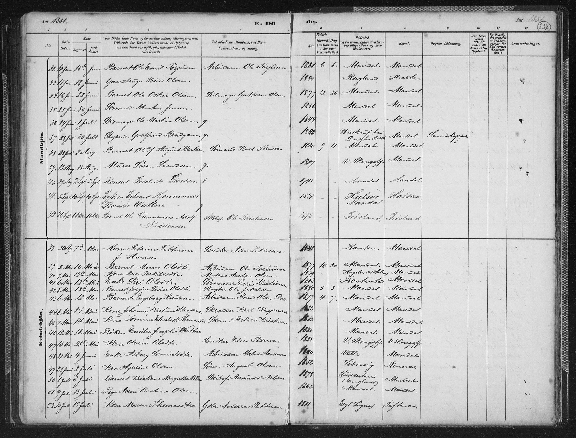 Mandal sokneprestkontor, AV/SAK-1111-0030/F/Fb/Fba/L0011: Parish register (copy) no. B 5, 1880-1898, p. 337