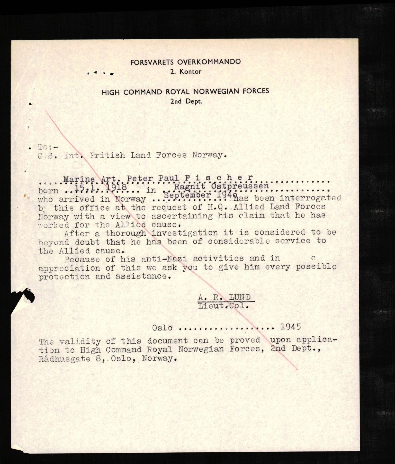 Forsvaret, Forsvarets overkommando II, AV/RA-RAFA-3915/D/Db/L0008: CI Questionaires. Tyske okkupasjonsstyrker i Norge. Tyskere., 1945-1946, p. 156