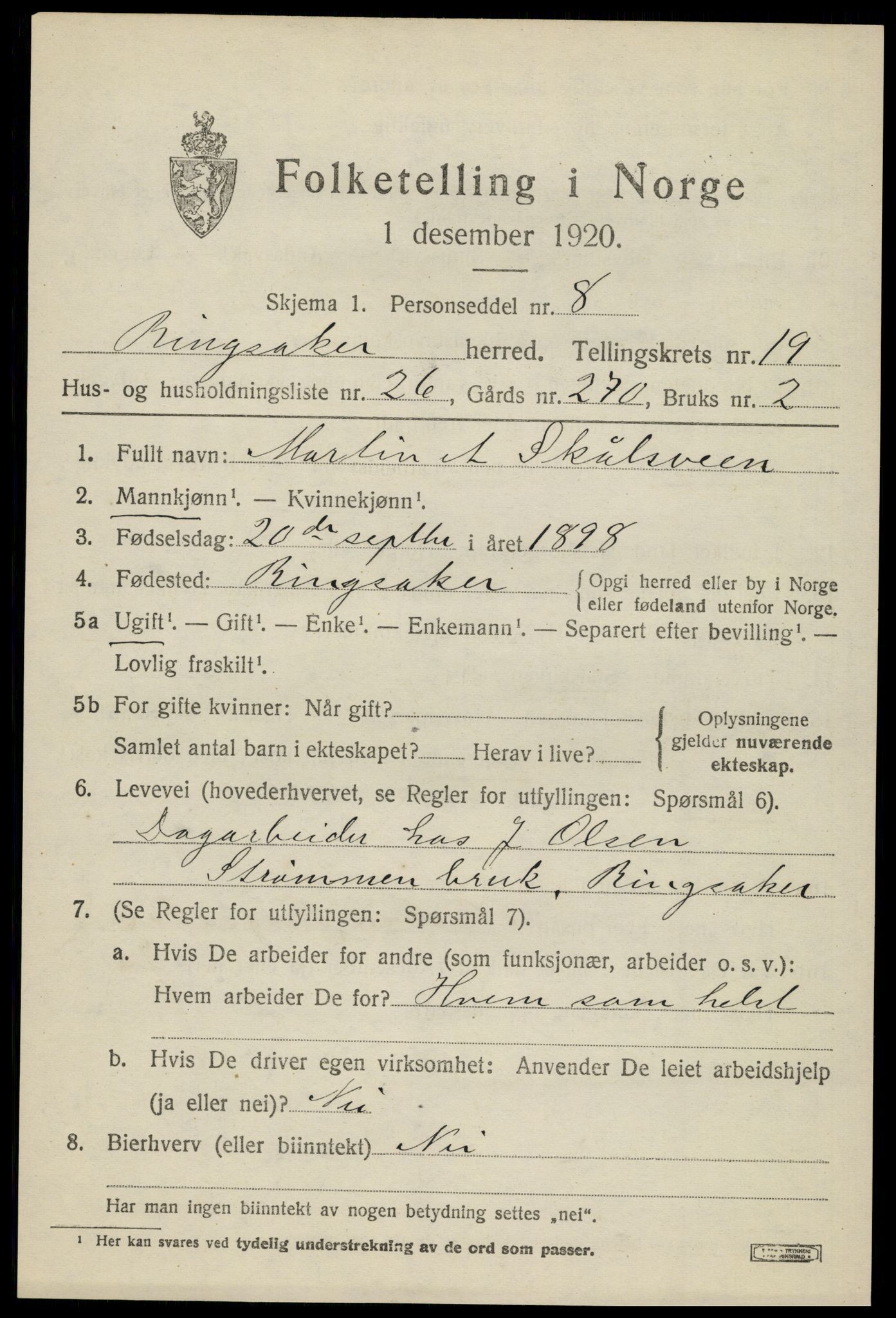SAH, 1920 census for Ringsaker, 1920, p. 26854