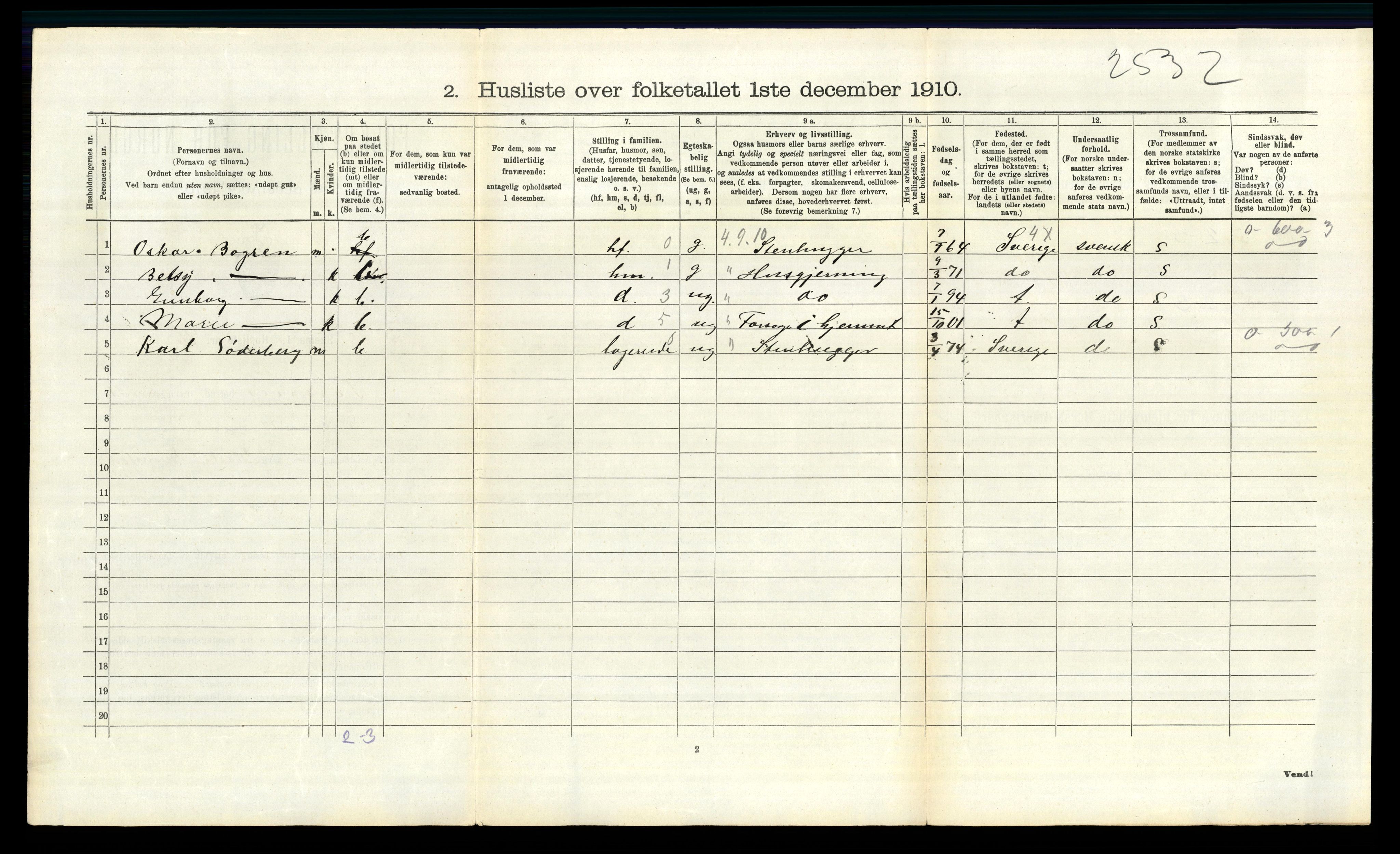 RA, 1910 census for Torsnes, 1910, p. 207