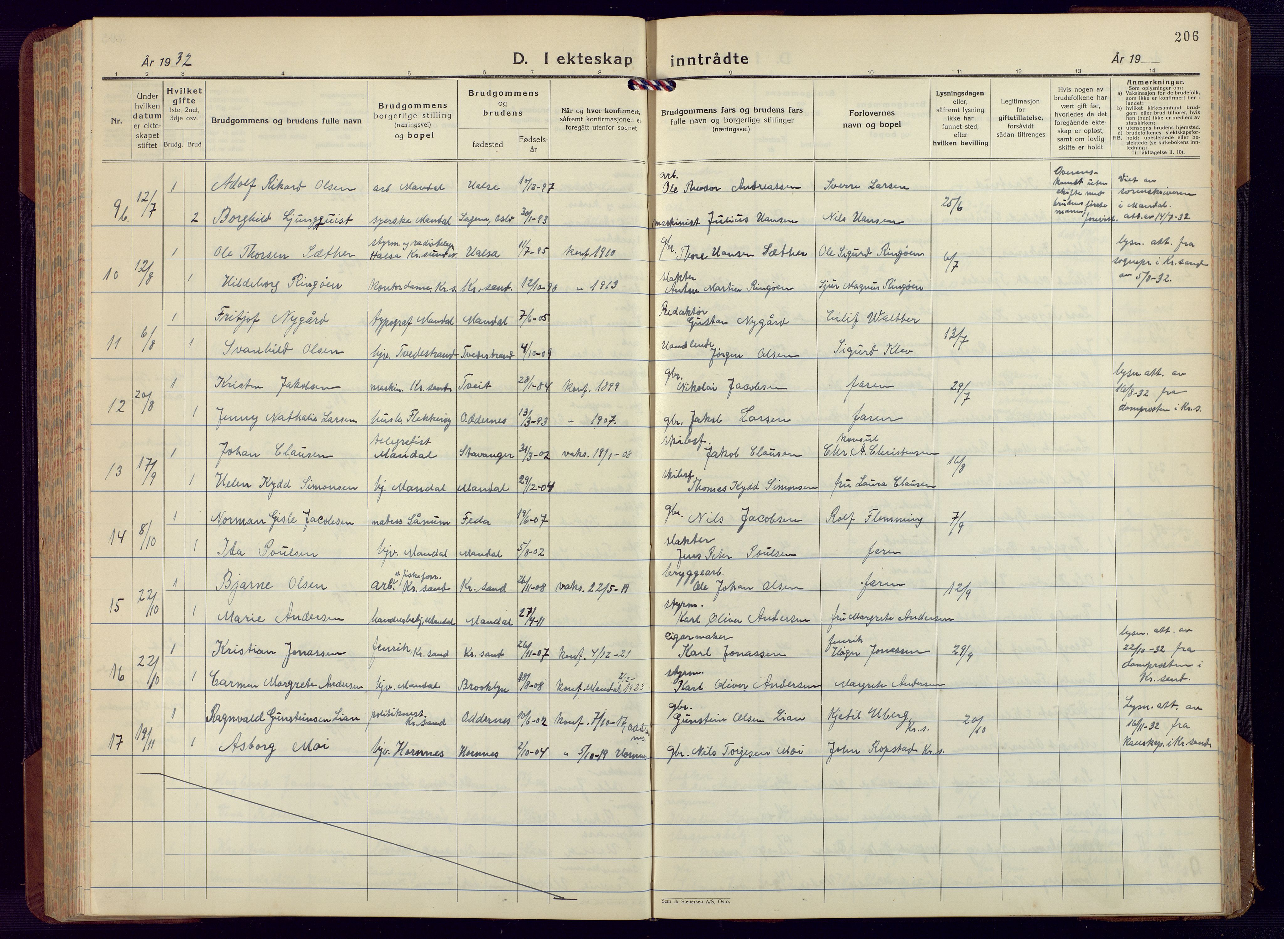 Mandal sokneprestkontor, AV/SAK-1111-0030/F/Fb/Fbc/L0002: Parish register (copy) no. B 2, 1931-1949, p. 206