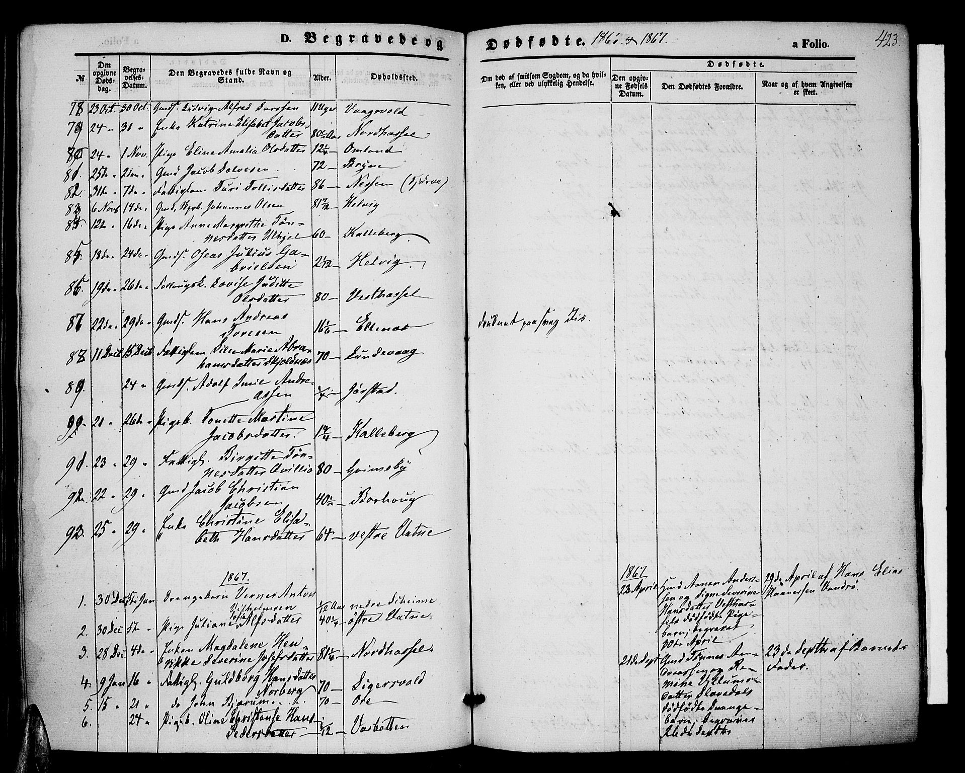 Lista sokneprestkontor, SAK/1111-0027/F/Fb/L0003: Parish register (copy) no. B 3, 1862-1877, p. 423