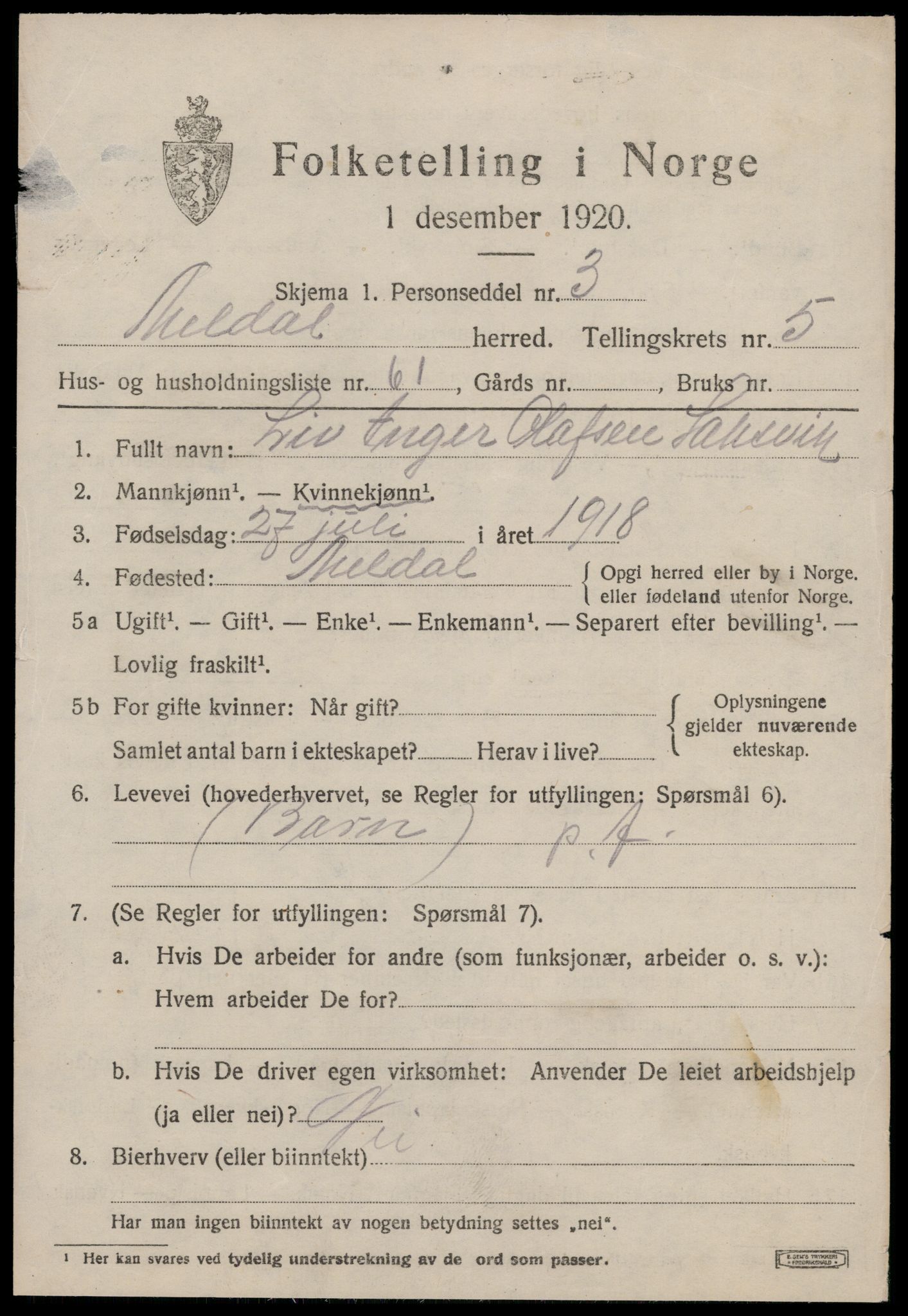 SAT, 1920 census for Meldal, 1920, p. 5891