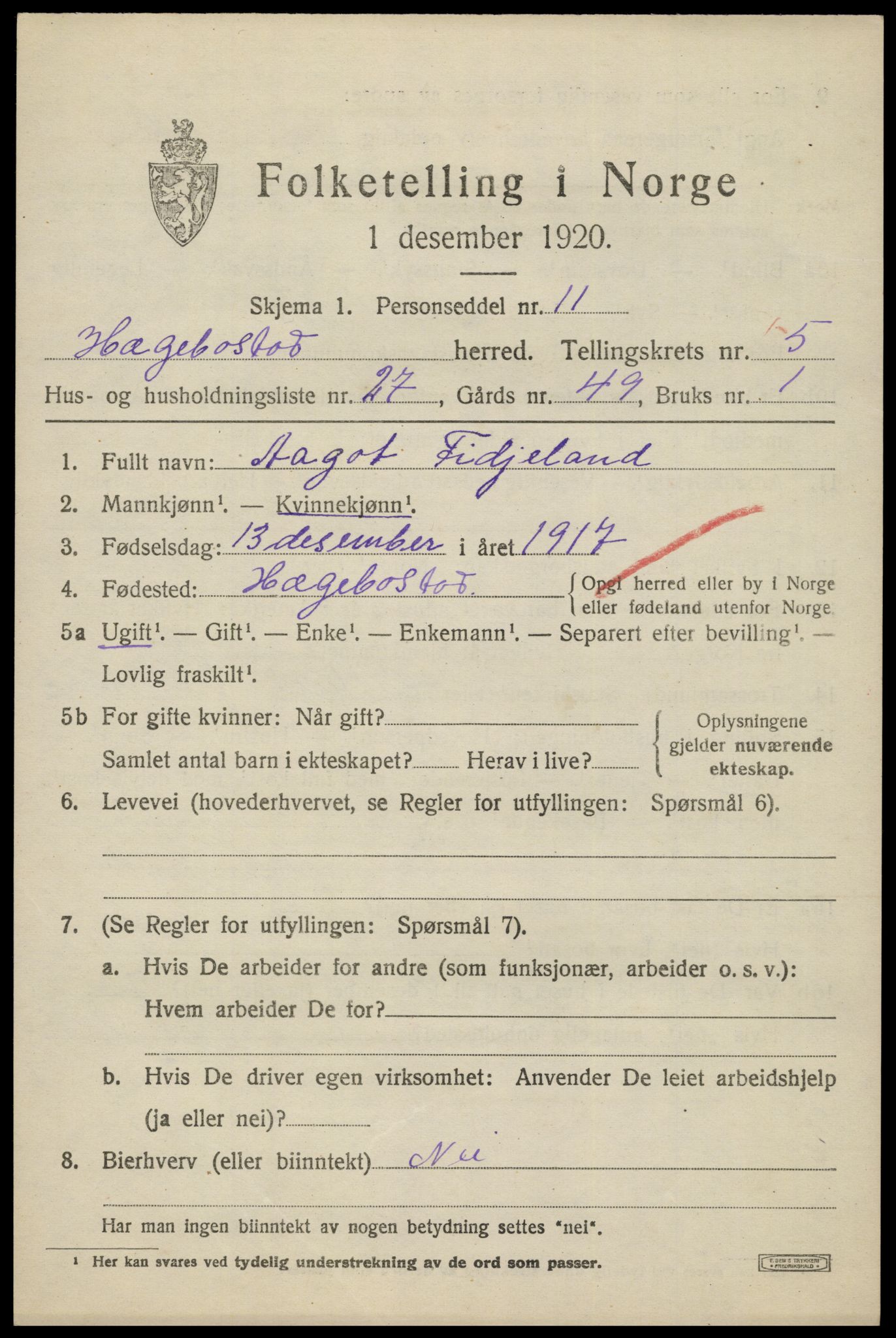 SAK, 1920 census for Hægebostad, 1920, p. 2001