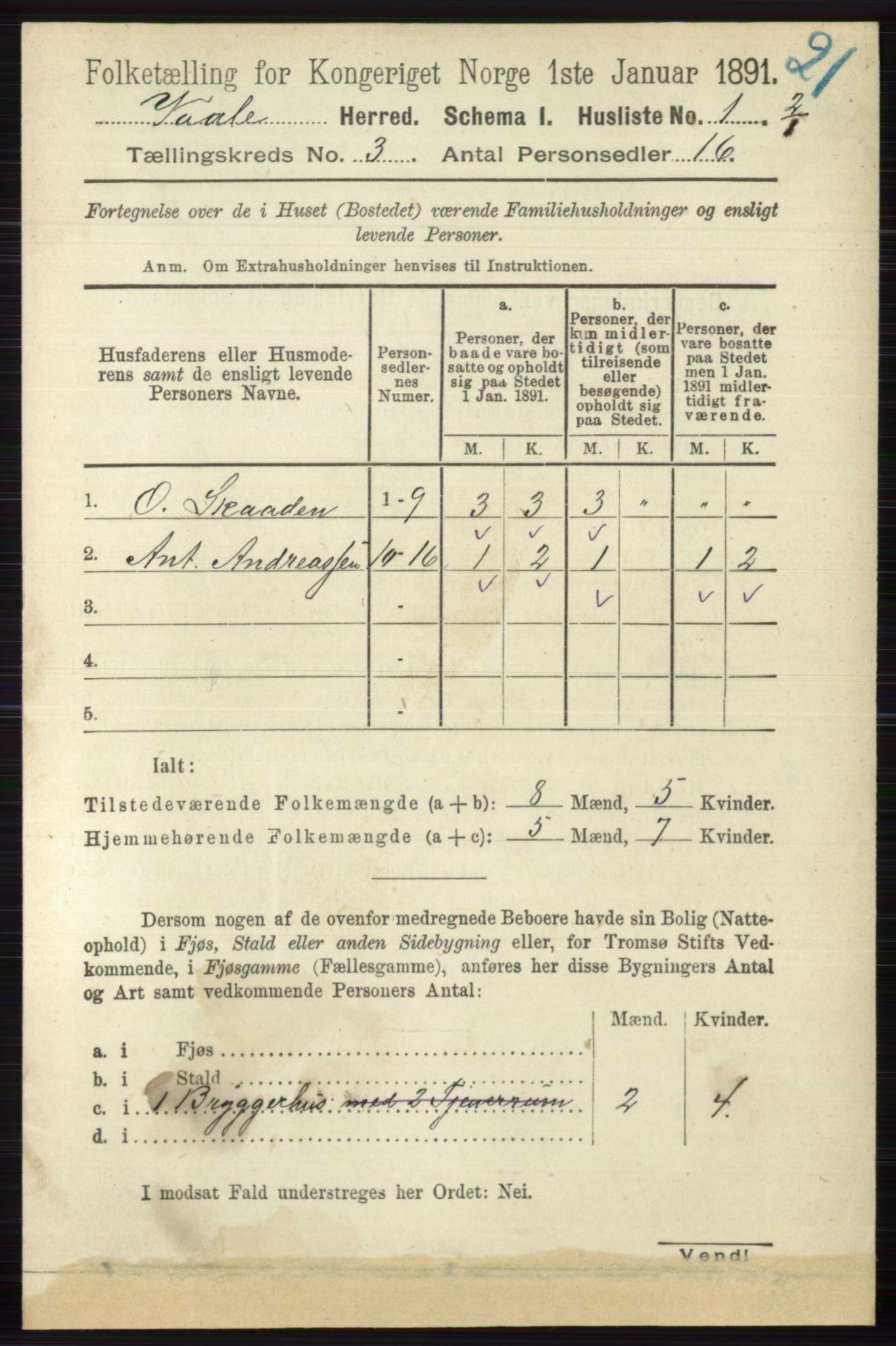 RA, 1891 census for 0716 Våle, 1891, p. 483