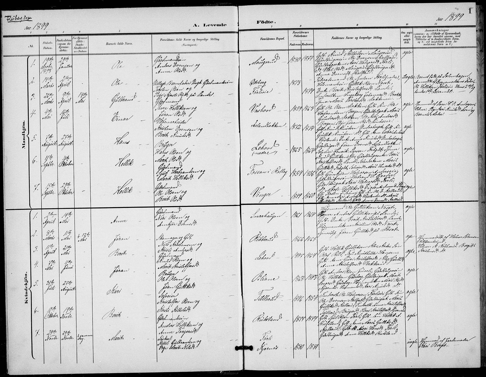 Flesberg kirkebøker, SAKO/A-18/G/Ga/L0005: Parish register (copy) no. I 5, 1899-1908, p. 1