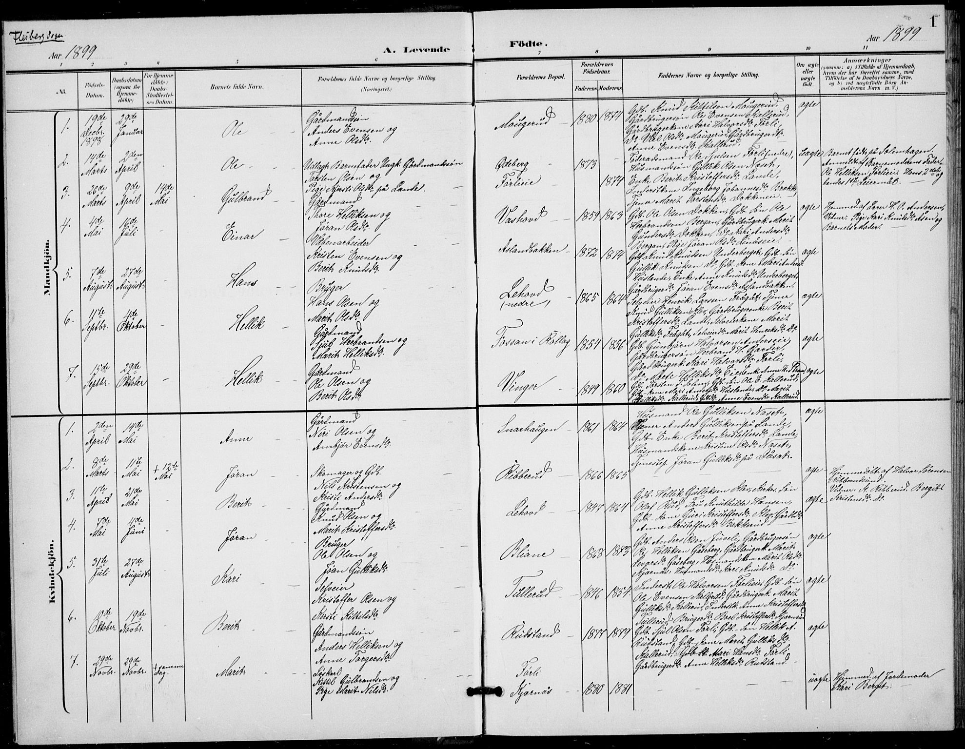 Flesberg kirkebøker, AV/SAKO-A-18/G/Ga/L0005: Parish register (copy) no. I 5, 1899-1908, p. 1