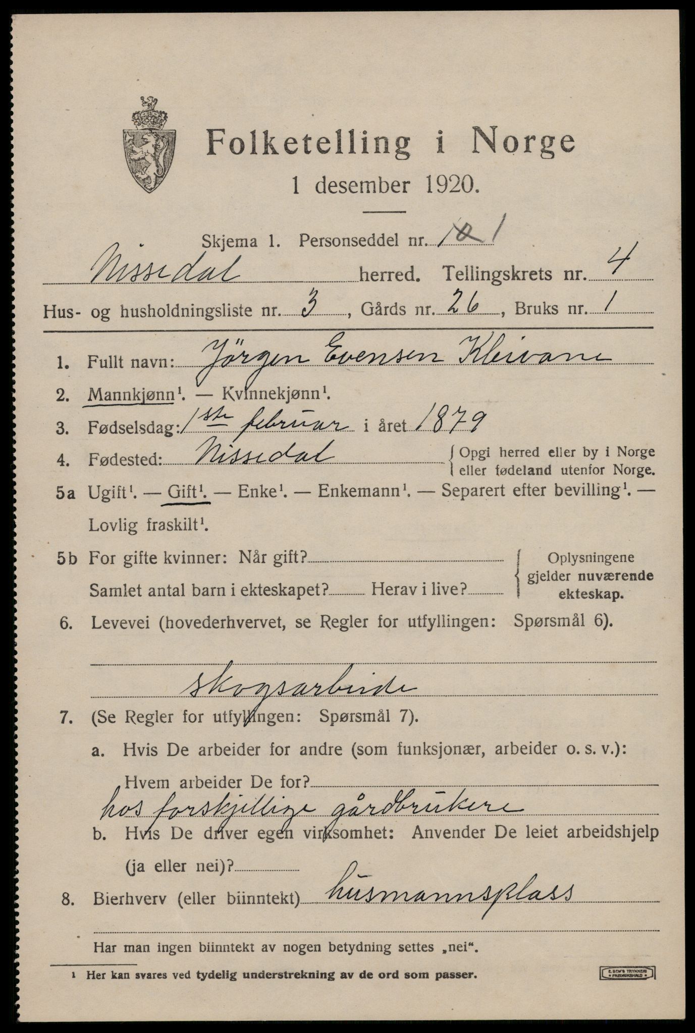 SAKO, 1920 census for Nissedal, 1920, p. 1845