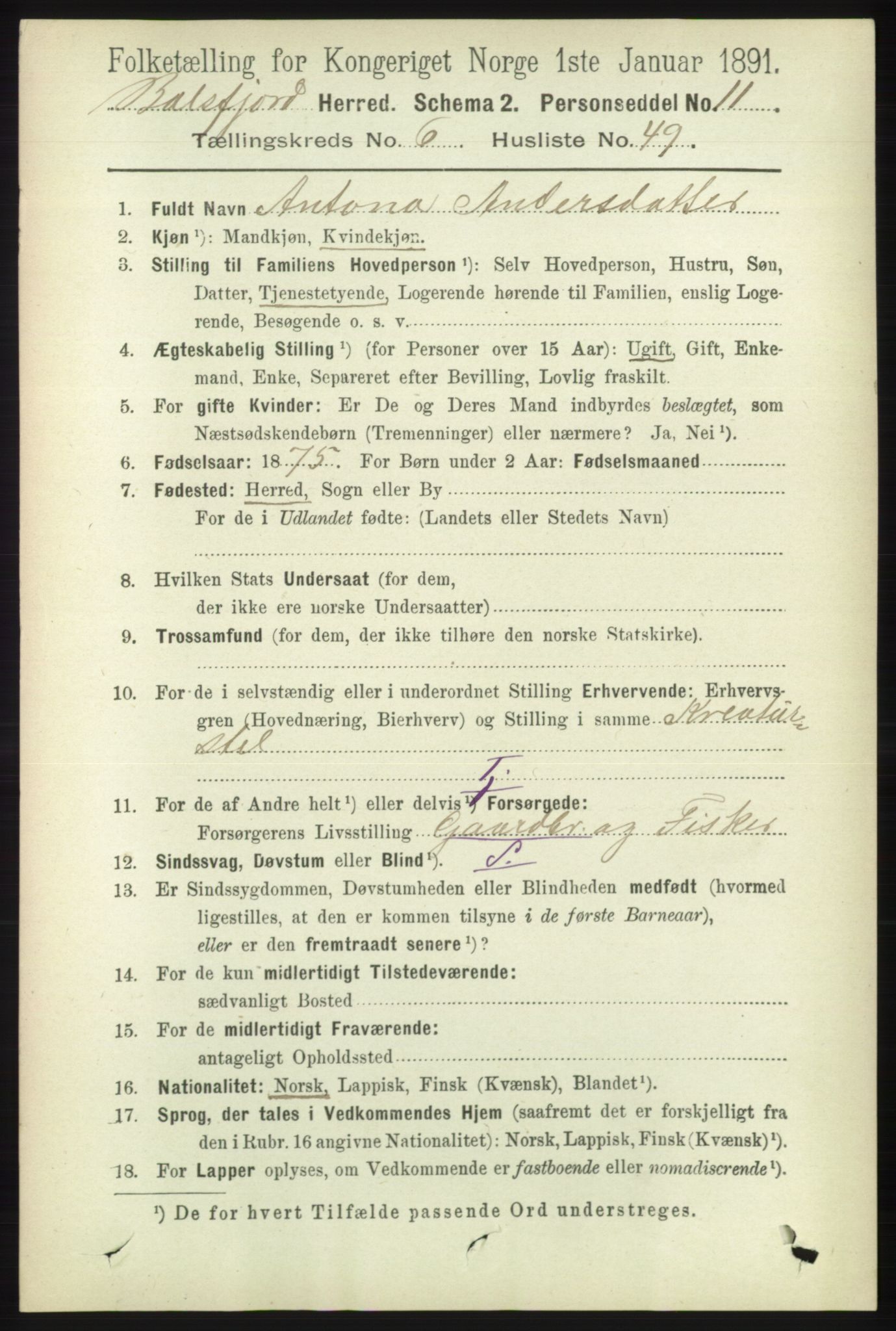 RA, 1891 census for 1933 Balsfjord, 1891, p. 1967