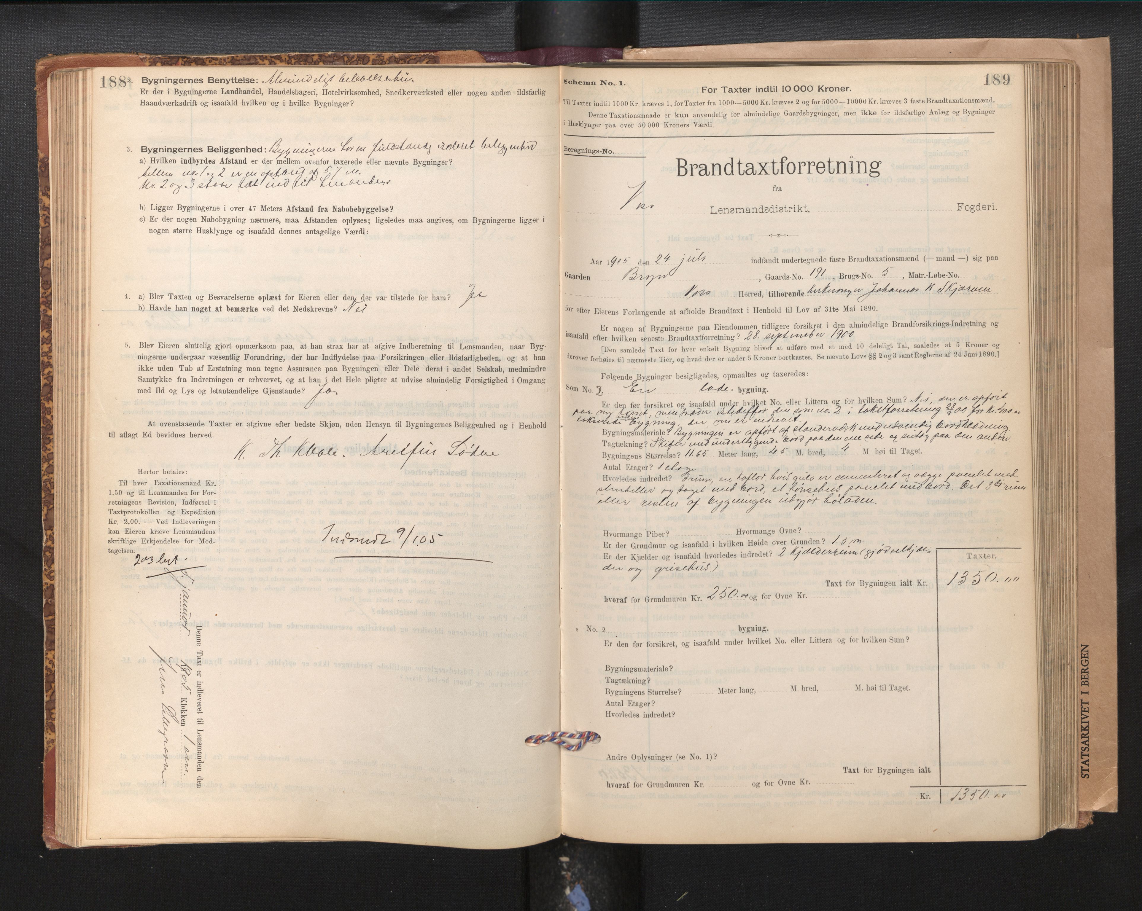 Lensmannen i Voss, AV/SAB-A-35801/0012/L0008: Branntakstprotokoll, skjematakst, 1895-1945, p. 188-189