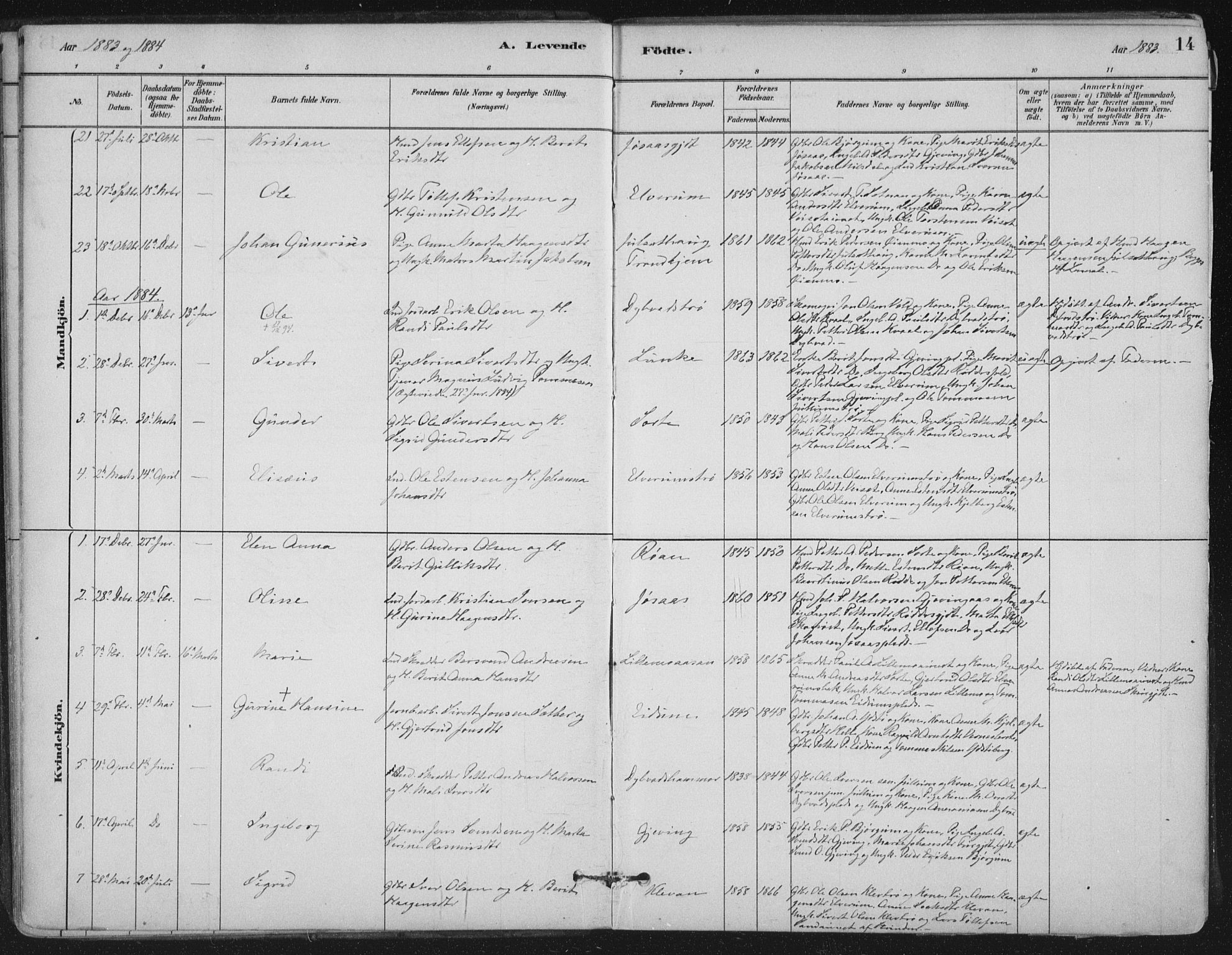 Ministerialprotokoller, klokkerbøker og fødselsregistre - Nord-Trøndelag, SAT/A-1458/710/L0095: Parish register (official) no. 710A01, 1880-1914, p. 14
