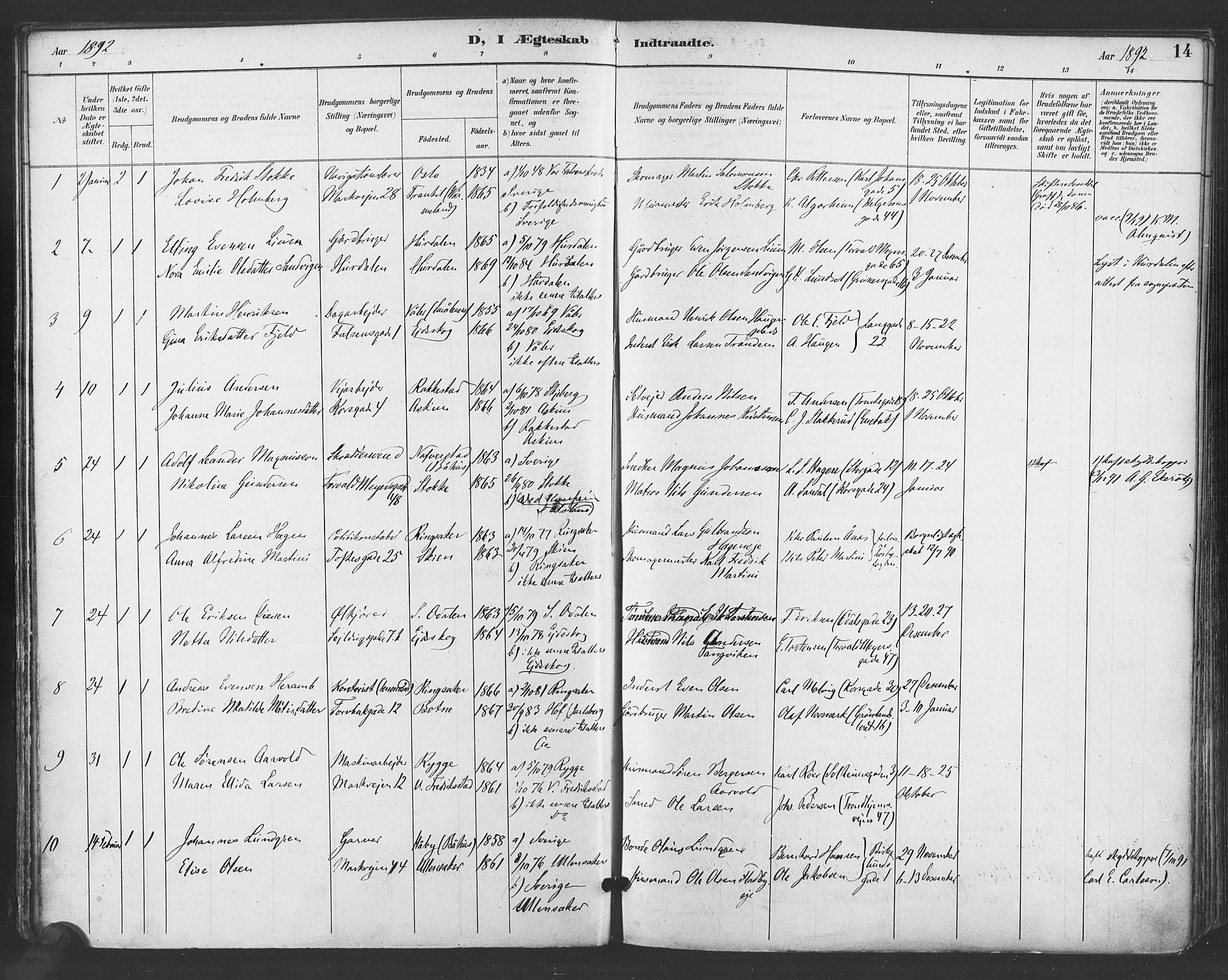 Paulus prestekontor Kirkebøker, SAO/A-10871/F/Fa/L0009: Parish register (official) no. 9, 1891-1901, p. 14