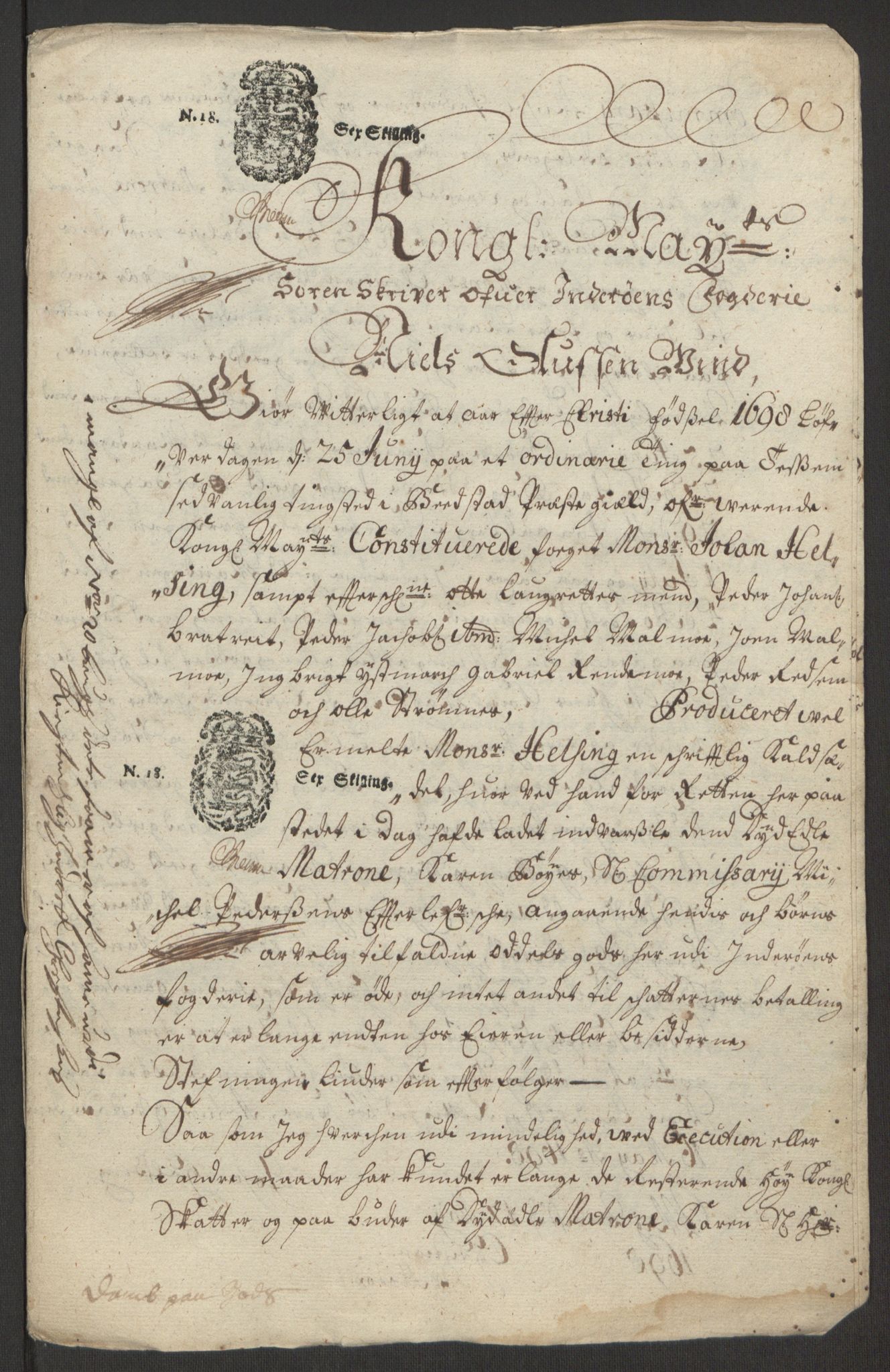 Rentekammeret inntil 1814, Reviderte regnskaper, Fogderegnskap, AV/RA-EA-4092/R63/L4309: Fogderegnskap Inderøy, 1695-1697, p. 576