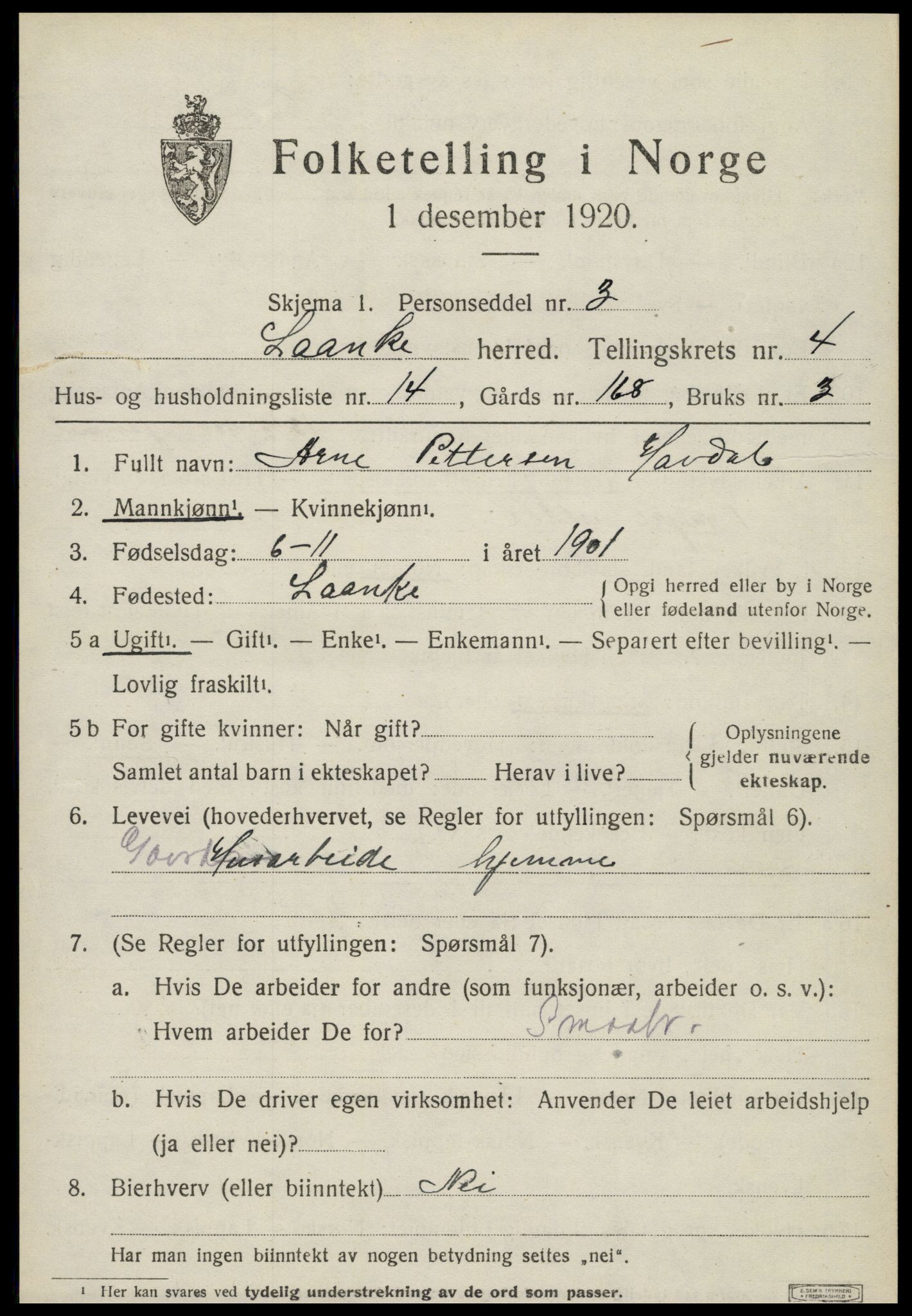 SAT, 1920 census for Lånke, 1920, p. 2460