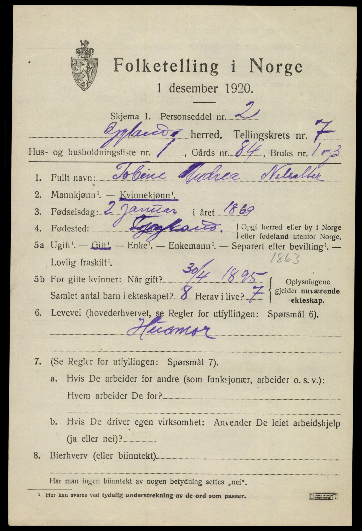 SAK, 1920 census for Gyland, 1920, p. 1440