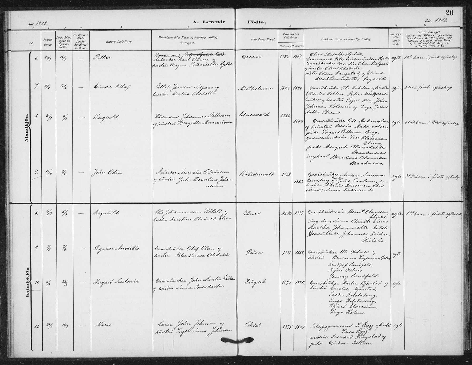 Ministerialprotokoller, klokkerbøker og fødselsregistre - Nord-Trøndelag, AV/SAT-A-1458/724/L0264: Parish register (official) no. 724A02, 1908-1915, p. 20