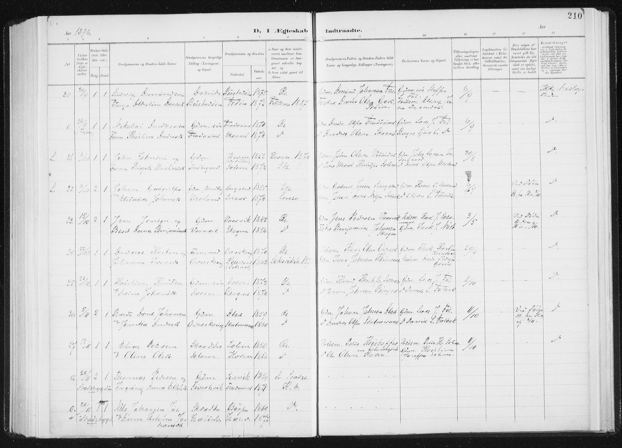 Ministerialprotokoller, klokkerbøker og fødselsregistre - Sør-Trøndelag, AV/SAT-A-1456/647/L0635: Parish register (official) no. 647A02, 1896-1911, p. 210