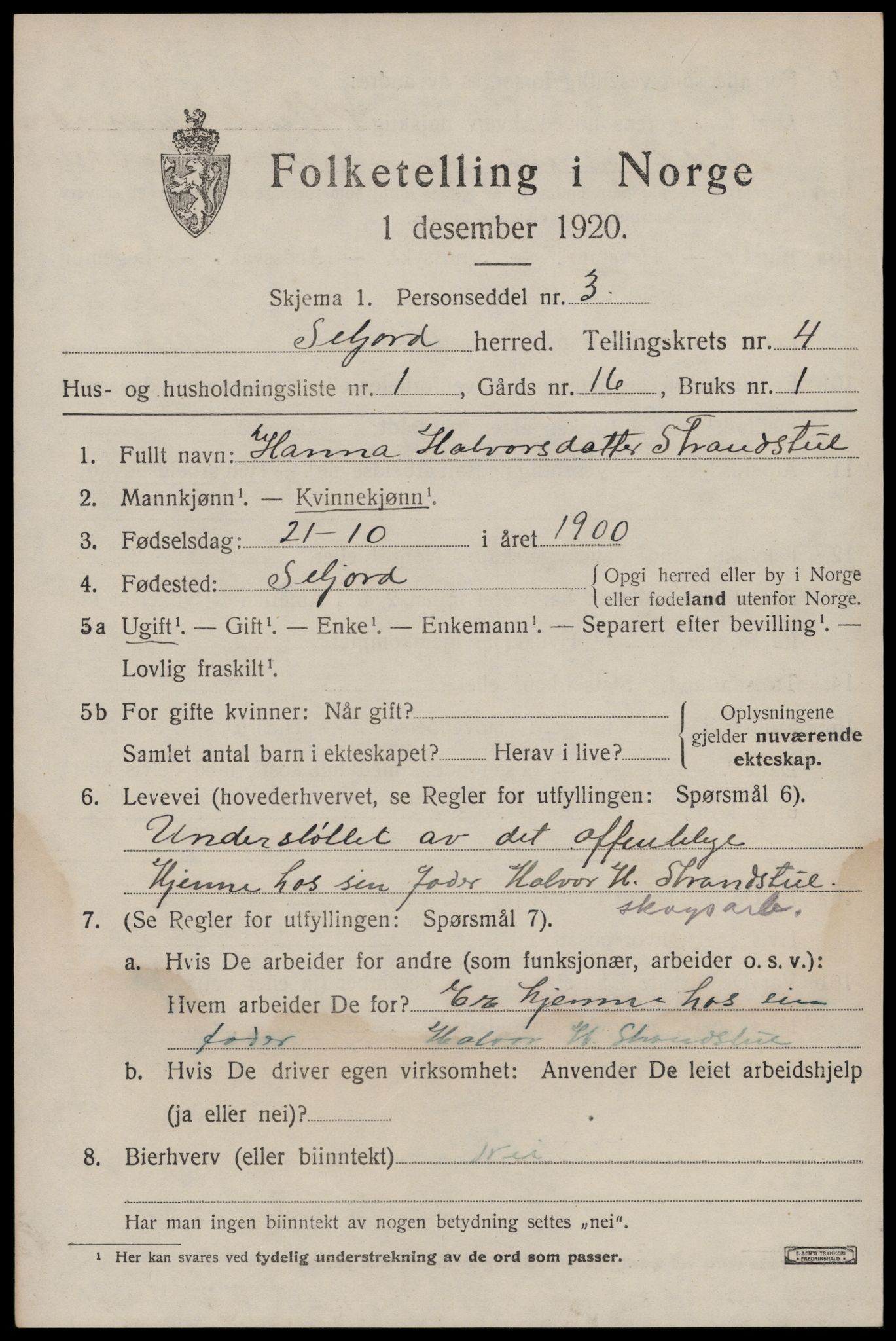 SAKO, 1920 census for Seljord, 1920, p. 2094