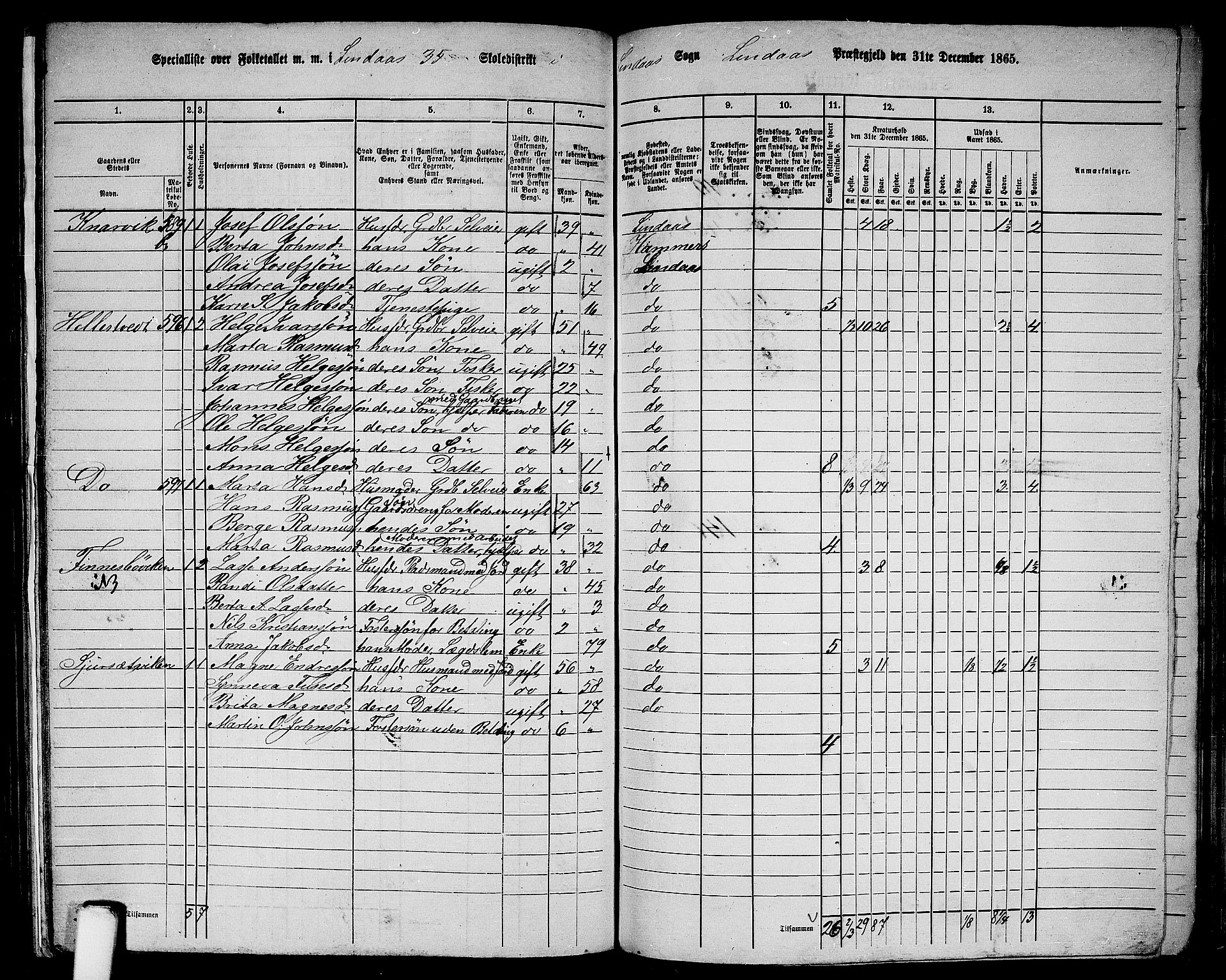 RA, 1865 census for Lindås, 1865, p. 222