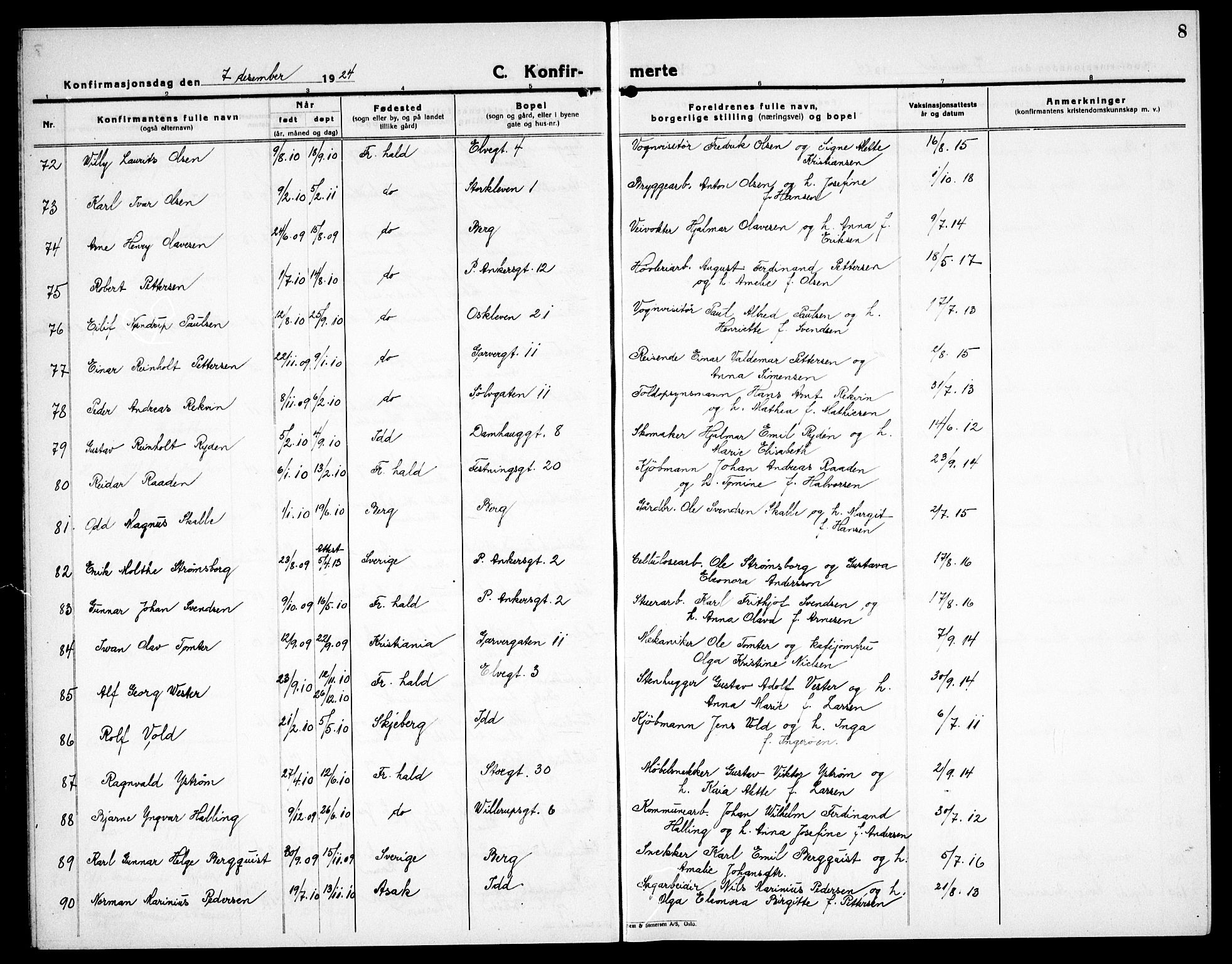 Halden prestekontor Kirkebøker, SAO/A-10909/G/Ga/L0013: Parish register (copy) no. 13, 1924-1939, p. 8
