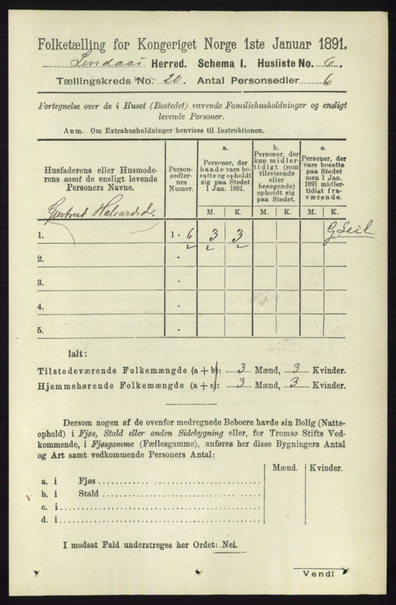 RA, 1891 census for 1263 Lindås, 1891, p. 7278