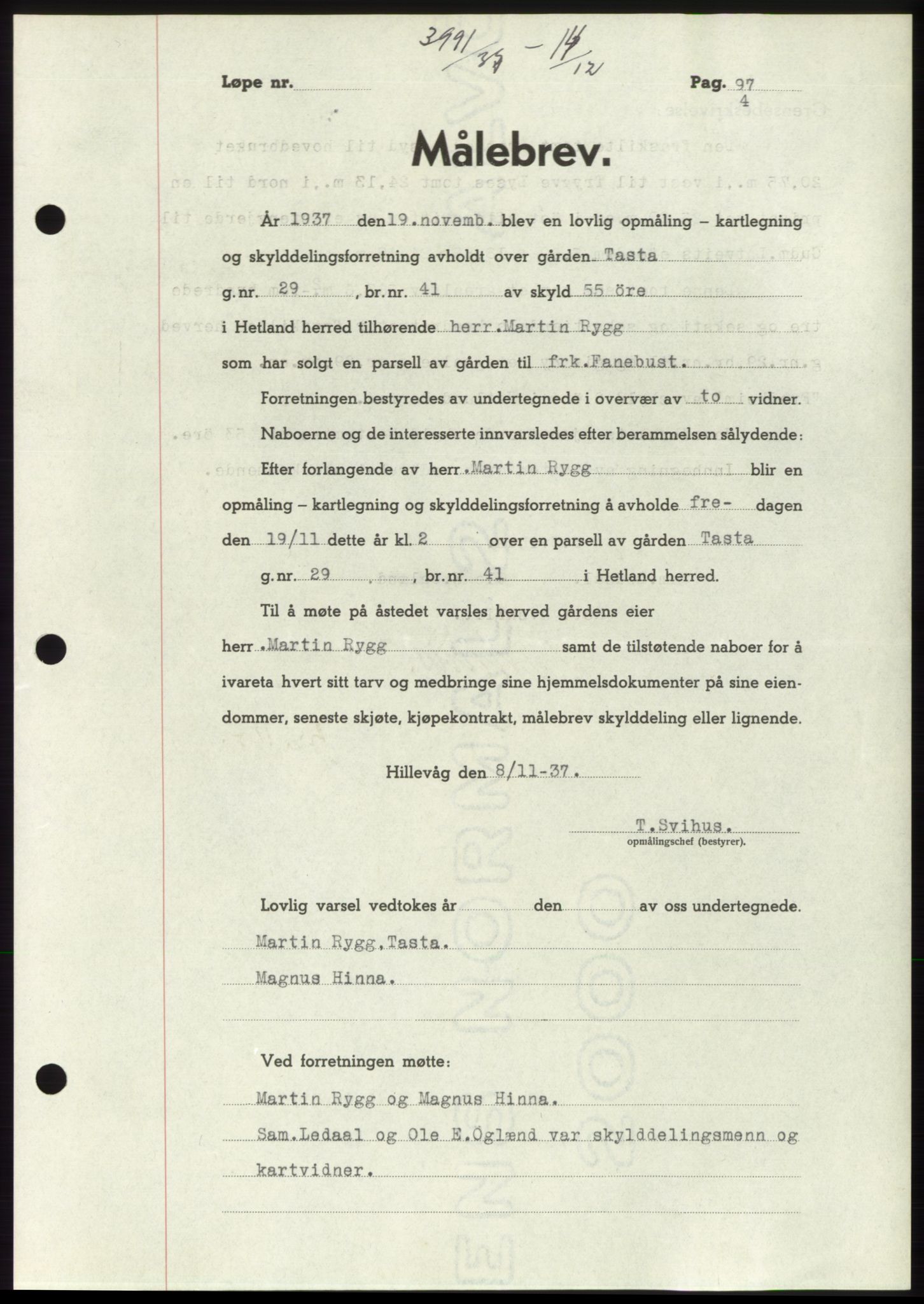 Jæren sorenskriveri, SAST/A-100310/03/G/Gba/L0069: Mortgage book, 1937-1937, Diary no: : 3991/1937