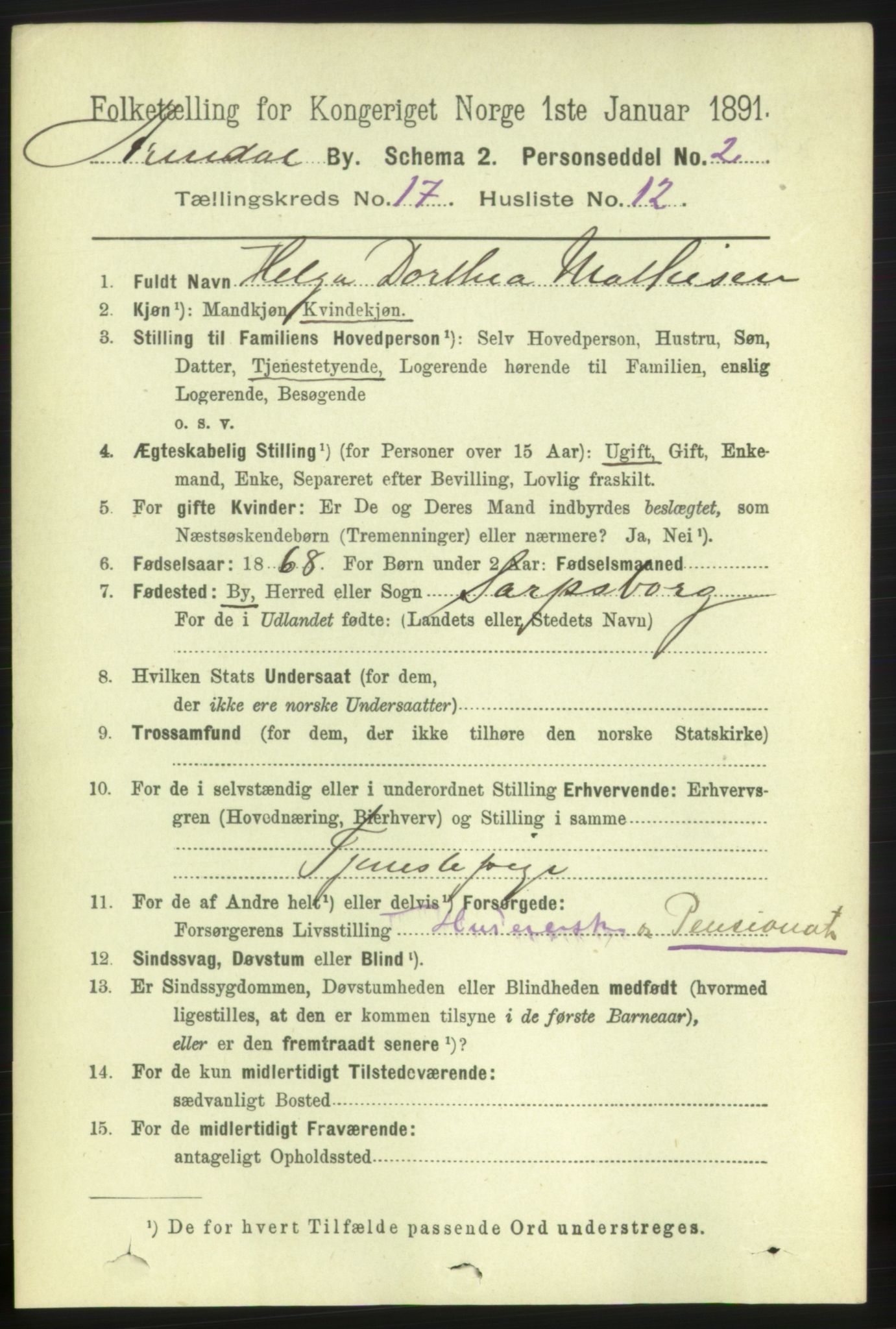 RA, 1891 census for 0903 Arendal, 1891, p. 5759