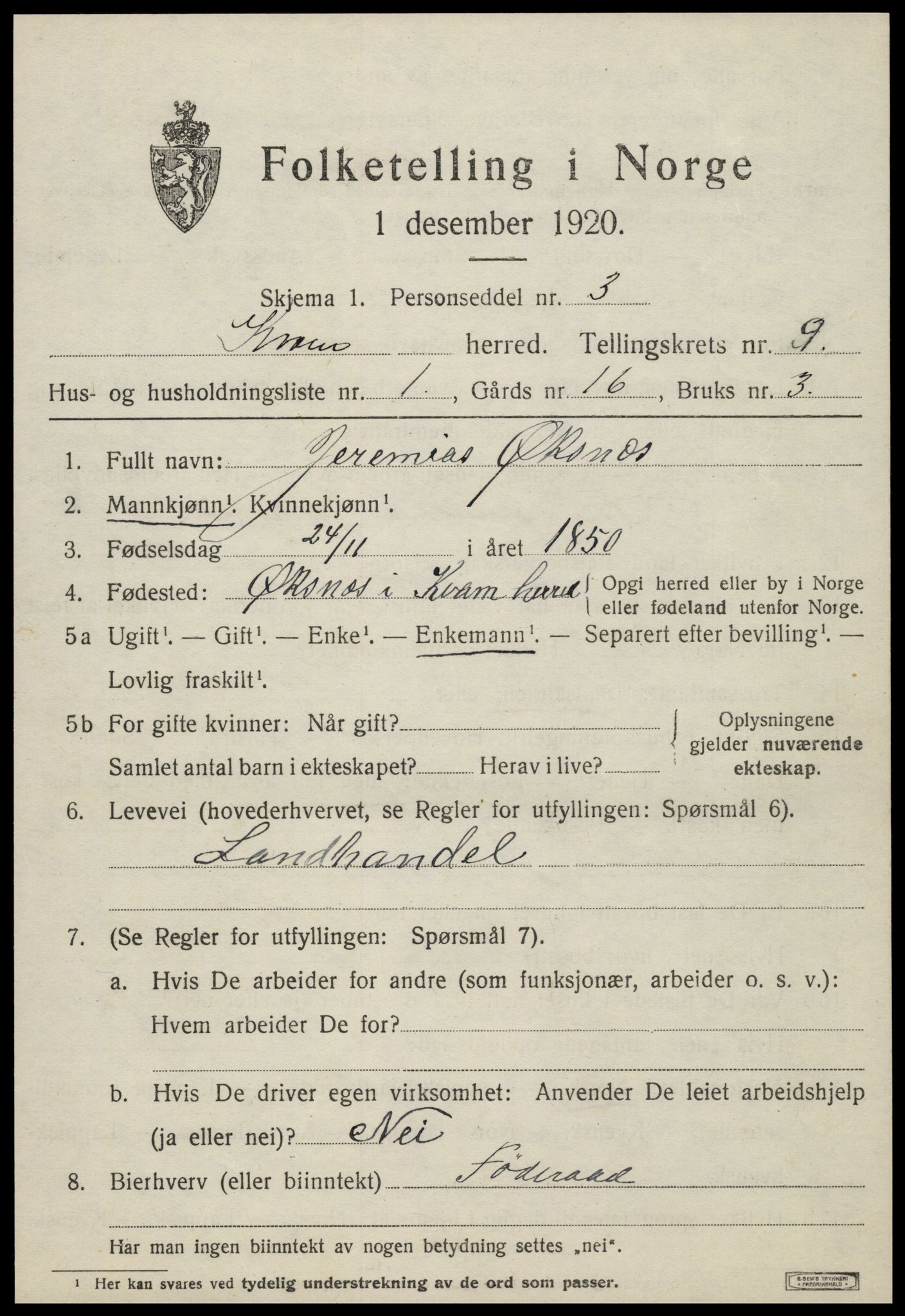 SAT, 1920 census for Kvam, 1920, p. 2335