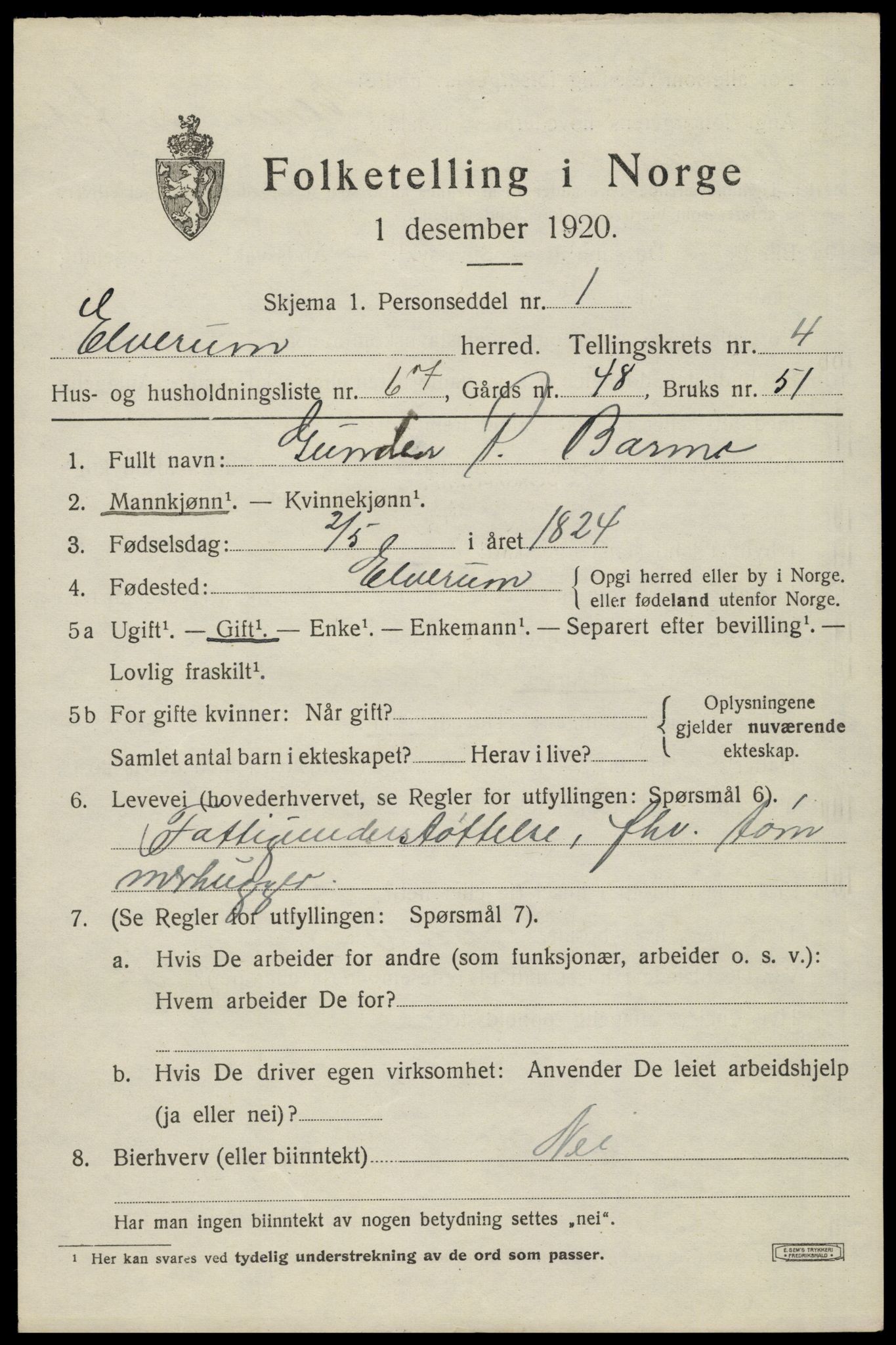 SAH, 1920 census for Elverum, 1920, p. 7482