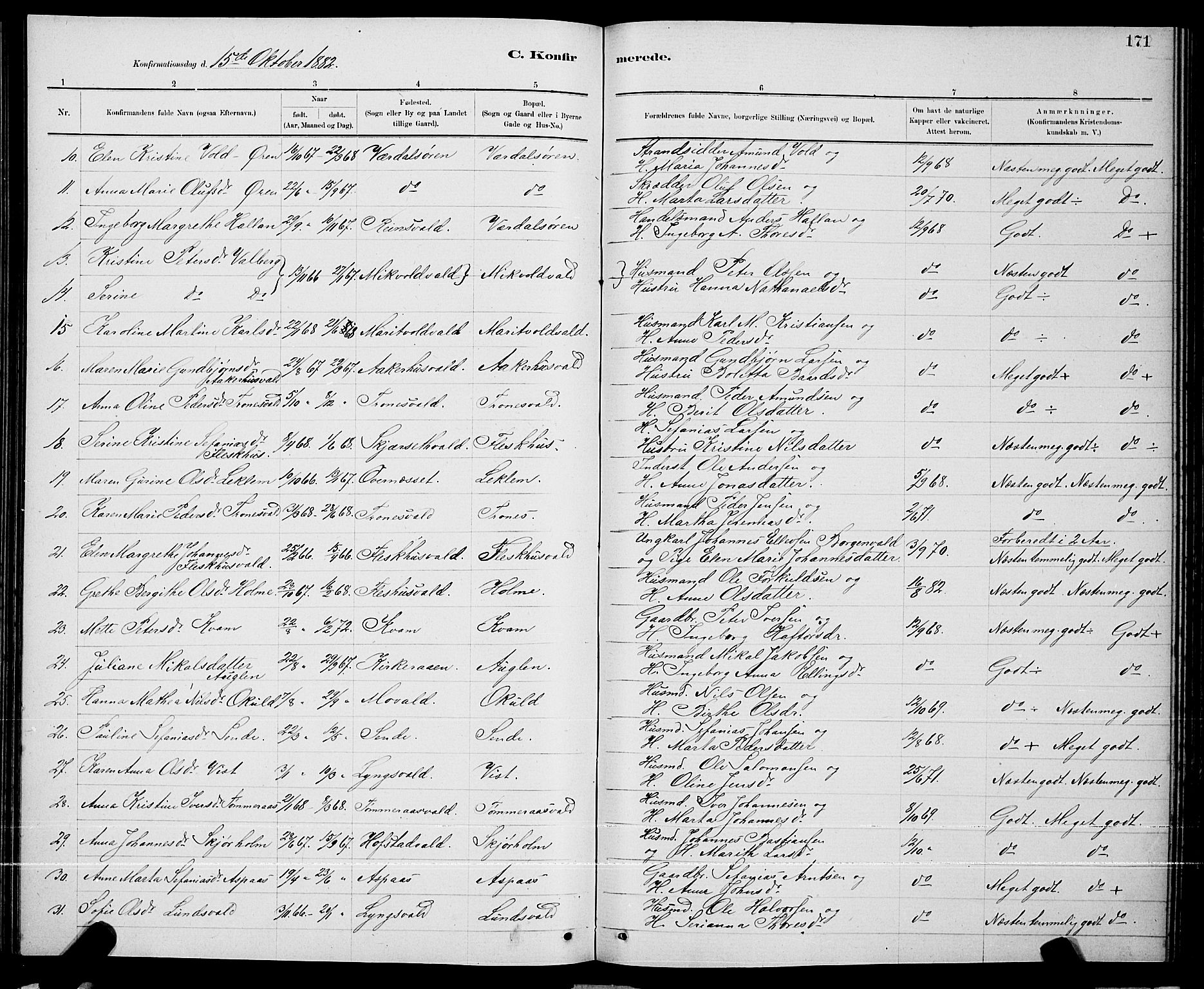 Ministerialprotokoller, klokkerbøker og fødselsregistre - Nord-Trøndelag, AV/SAT-A-1458/723/L0256: Parish register (copy) no. 723C04, 1879-1890, p. 171