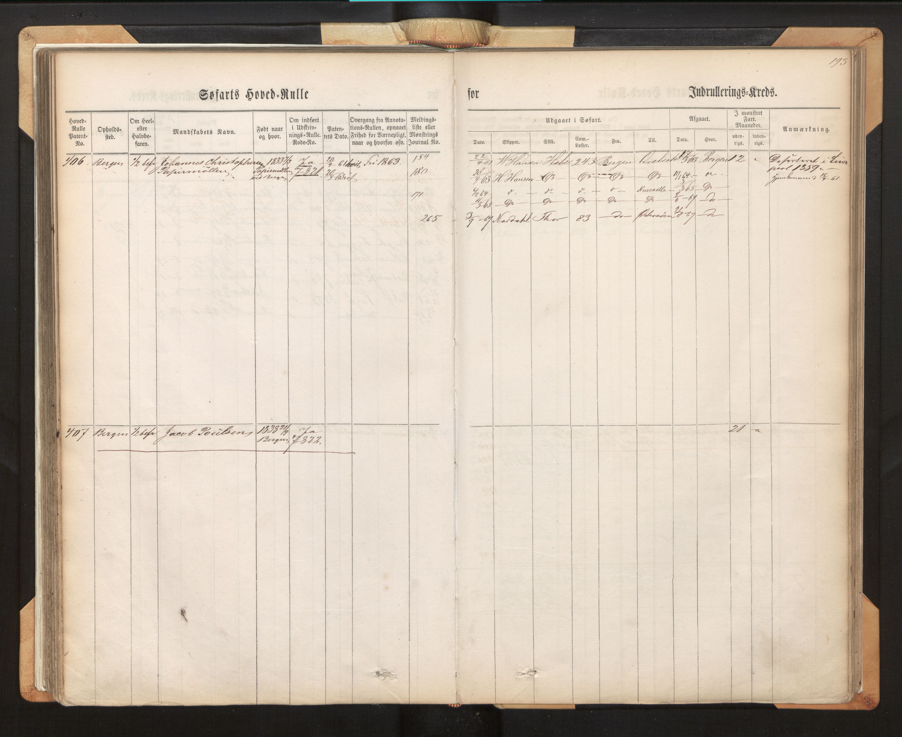 Innrulleringssjefen i Bergen, AV/SAB-A-100050/F/Fh/L0007: Sjøfarts-hovedrulle for Bergen krets, fol. 1 - 315, 1860-1865, p. 193