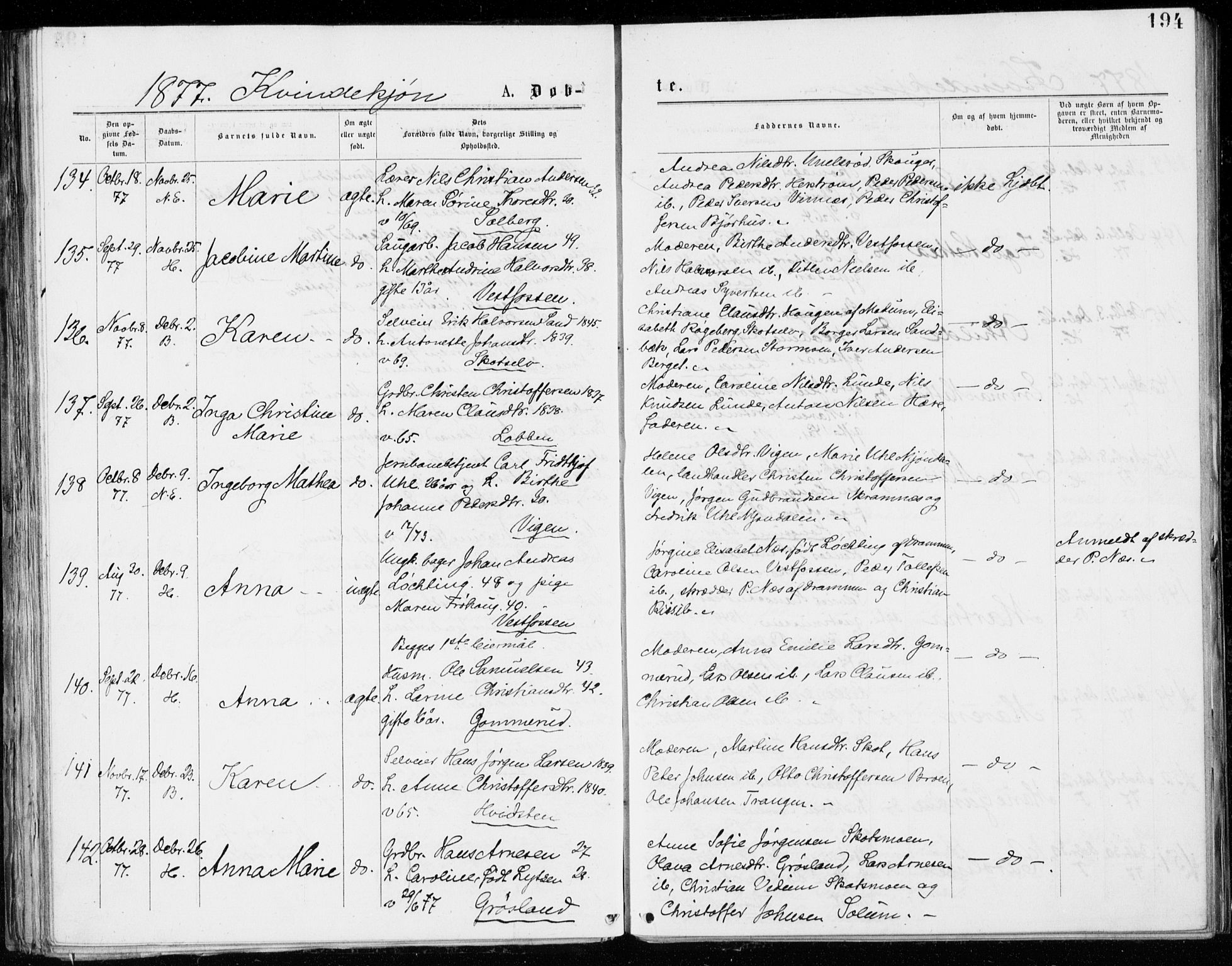 Eiker kirkebøker, AV/SAKO-A-4/G/Ga/L0004: Parish register (copy) no. I 4, 1877-1877, p. 194