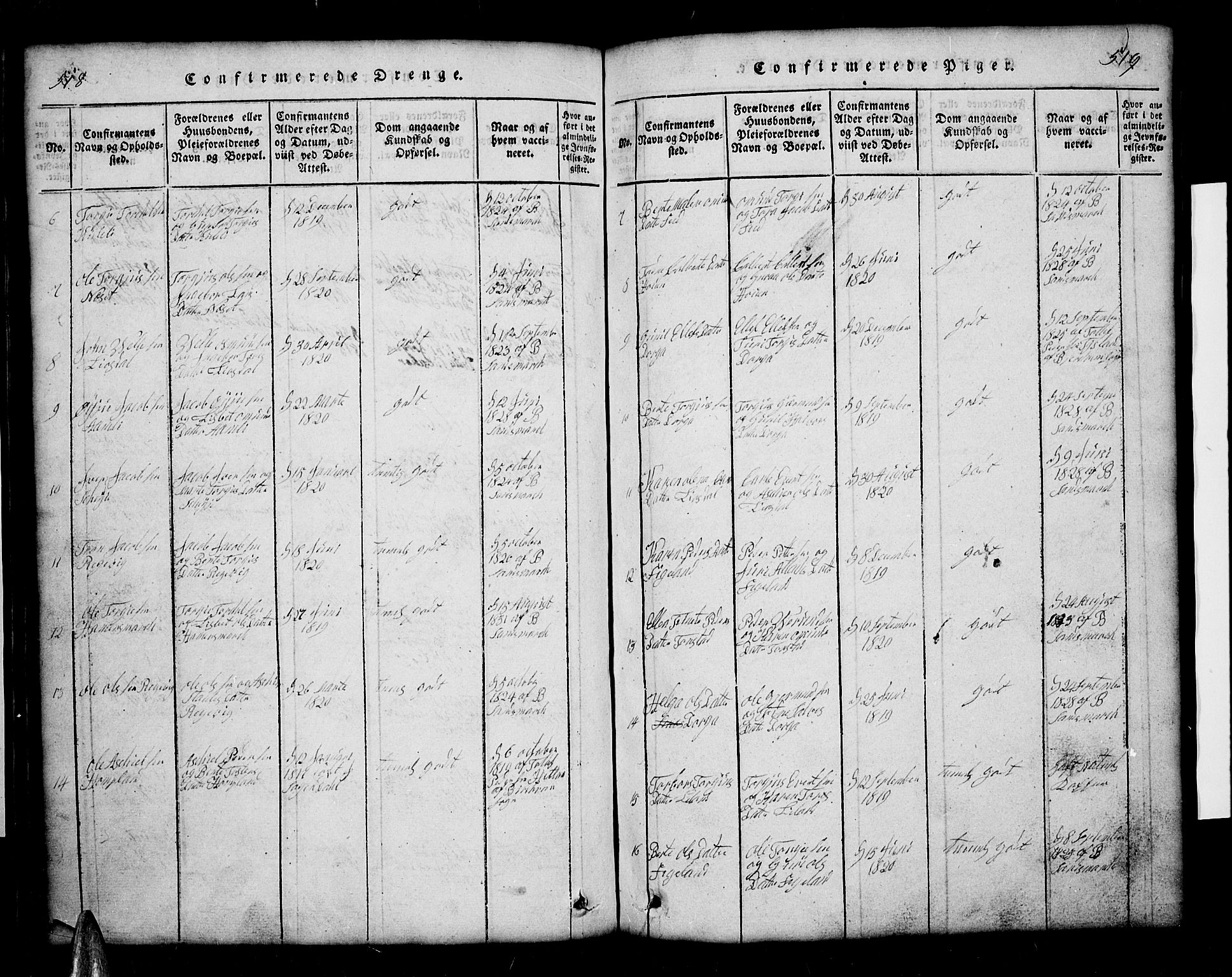 Sirdal sokneprestkontor, AV/SAK-1111-0036/F/Fb/Fbb/L0001: Parish register (copy) no. B 1, 1815-1834, p. 518-519